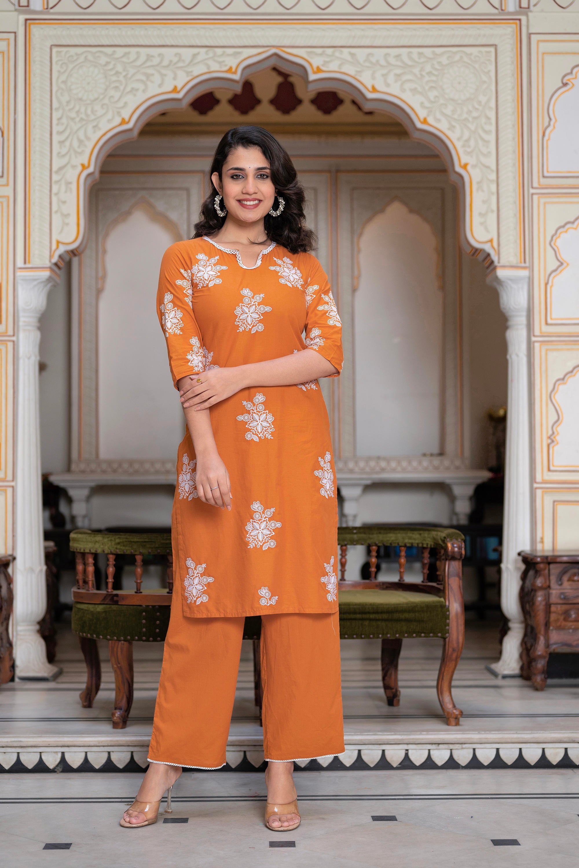 Rust Embroidered Cotton Slub Kurta-Palazzo Set with Thread Work & Cotton Lace