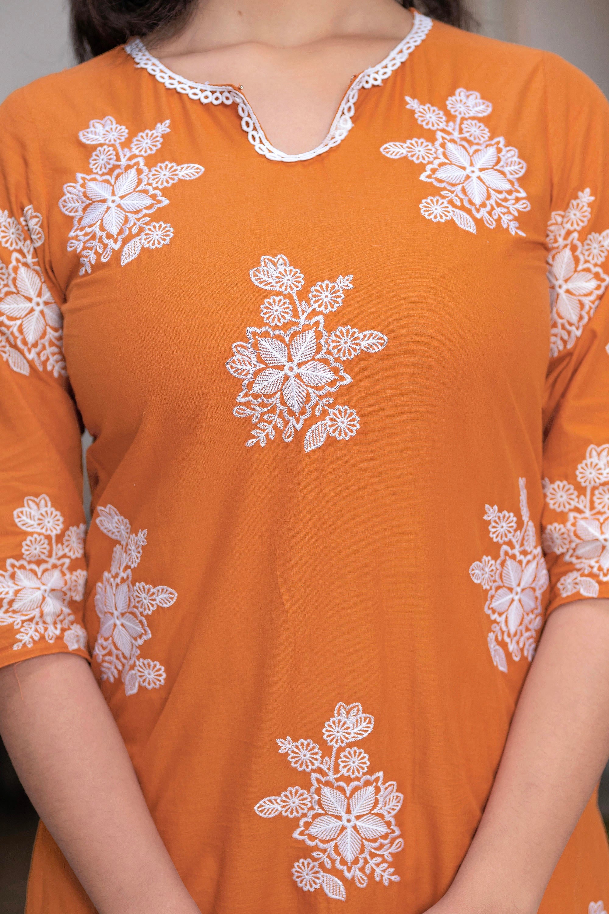 Rust Embroidered Cotton Slub Kurta-Palazzo Set with Thread Work & Cotton Lace