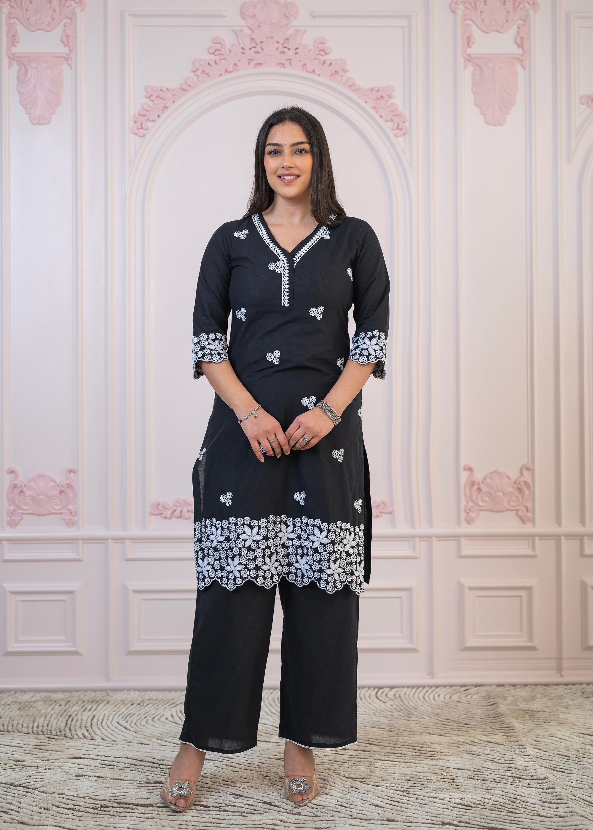Black Floral Embroidered Cotton Slub Kurta with Palazzo & Lace