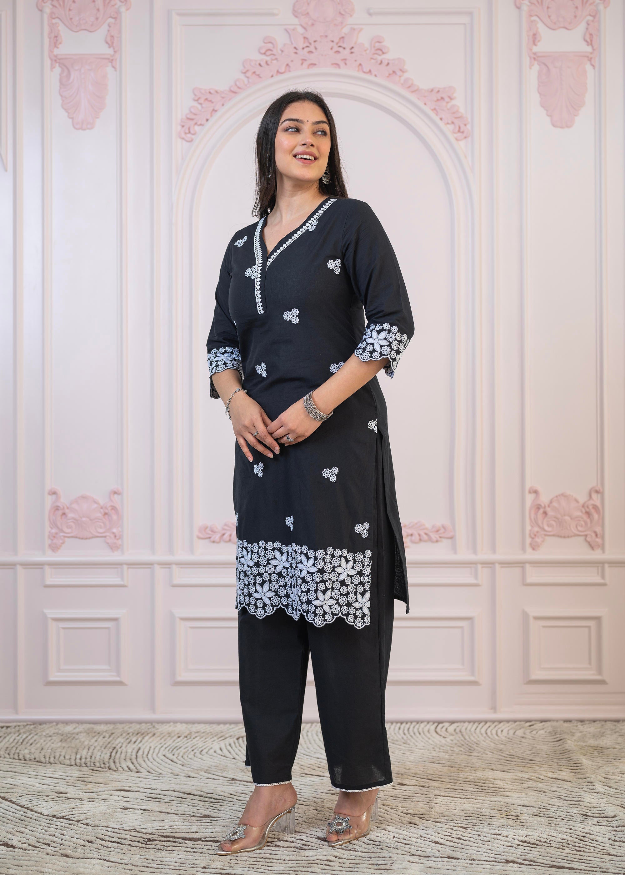 Black Floral Embroidered Cotton Slub Kurta with Palazzo & Lace