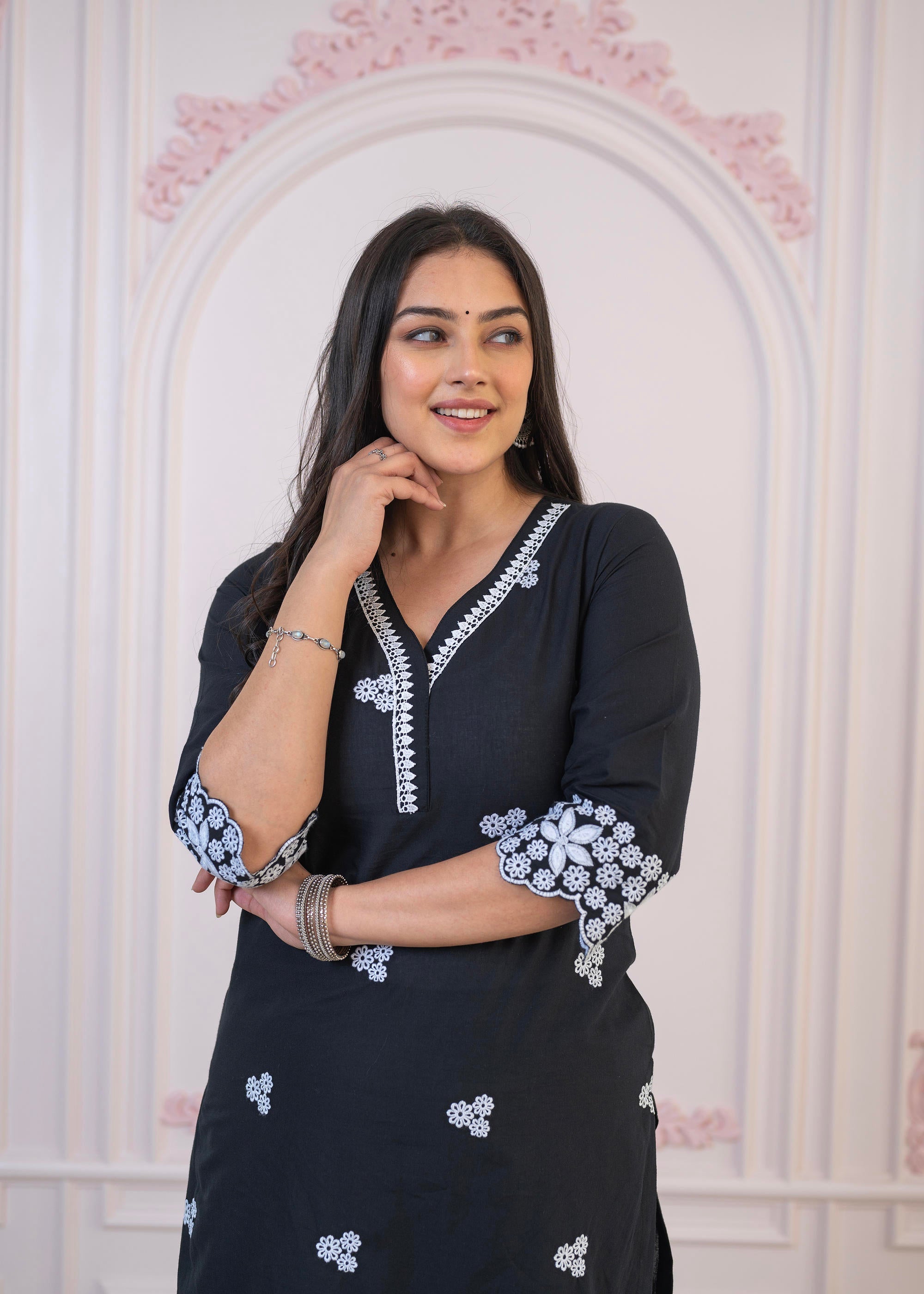 Black Floral Embroidered Cotton Slub Kurta with Palazzo & Lace