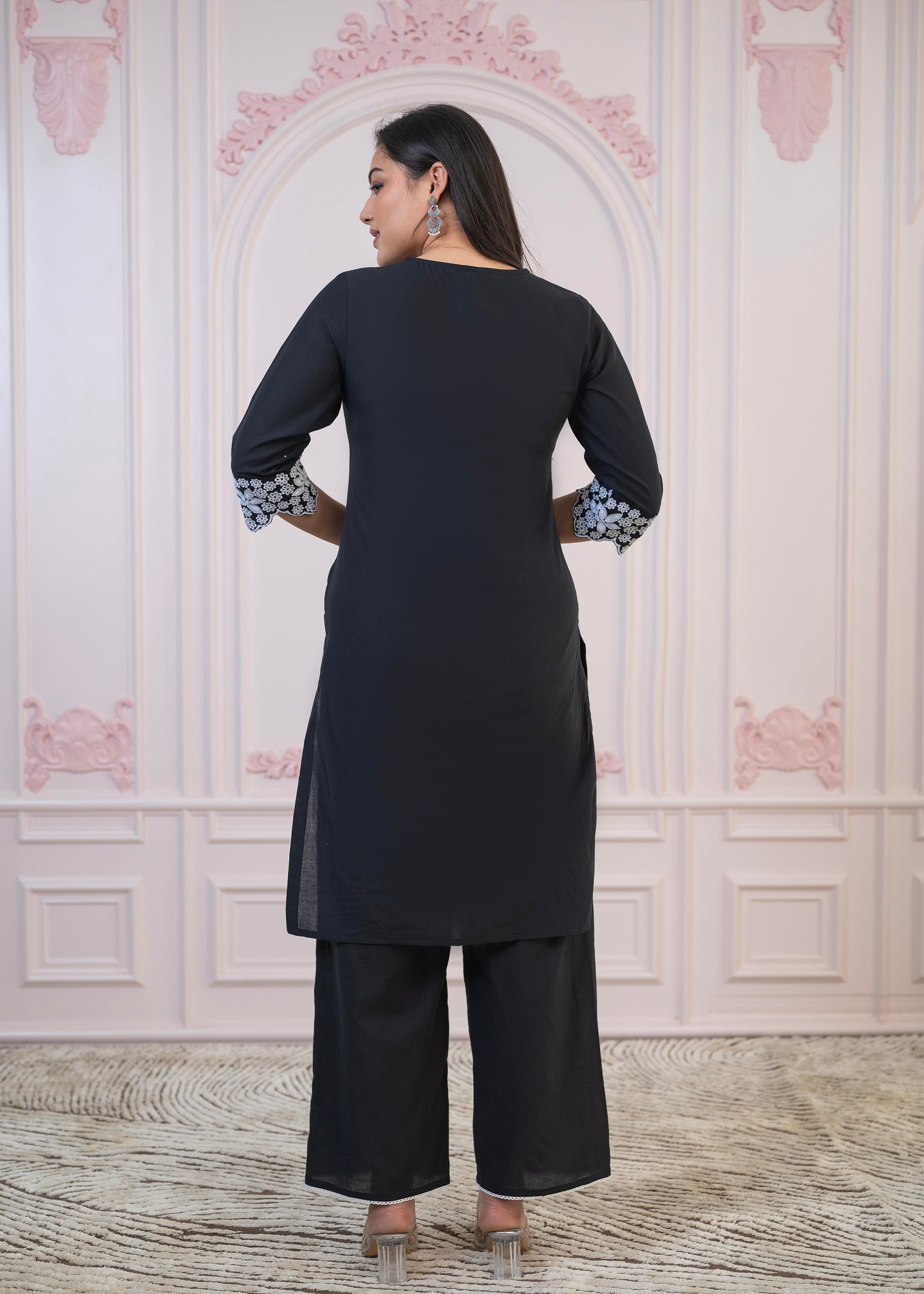 Black Floral Embroidered Cotton Slub Kurta with Palazzo & Lace