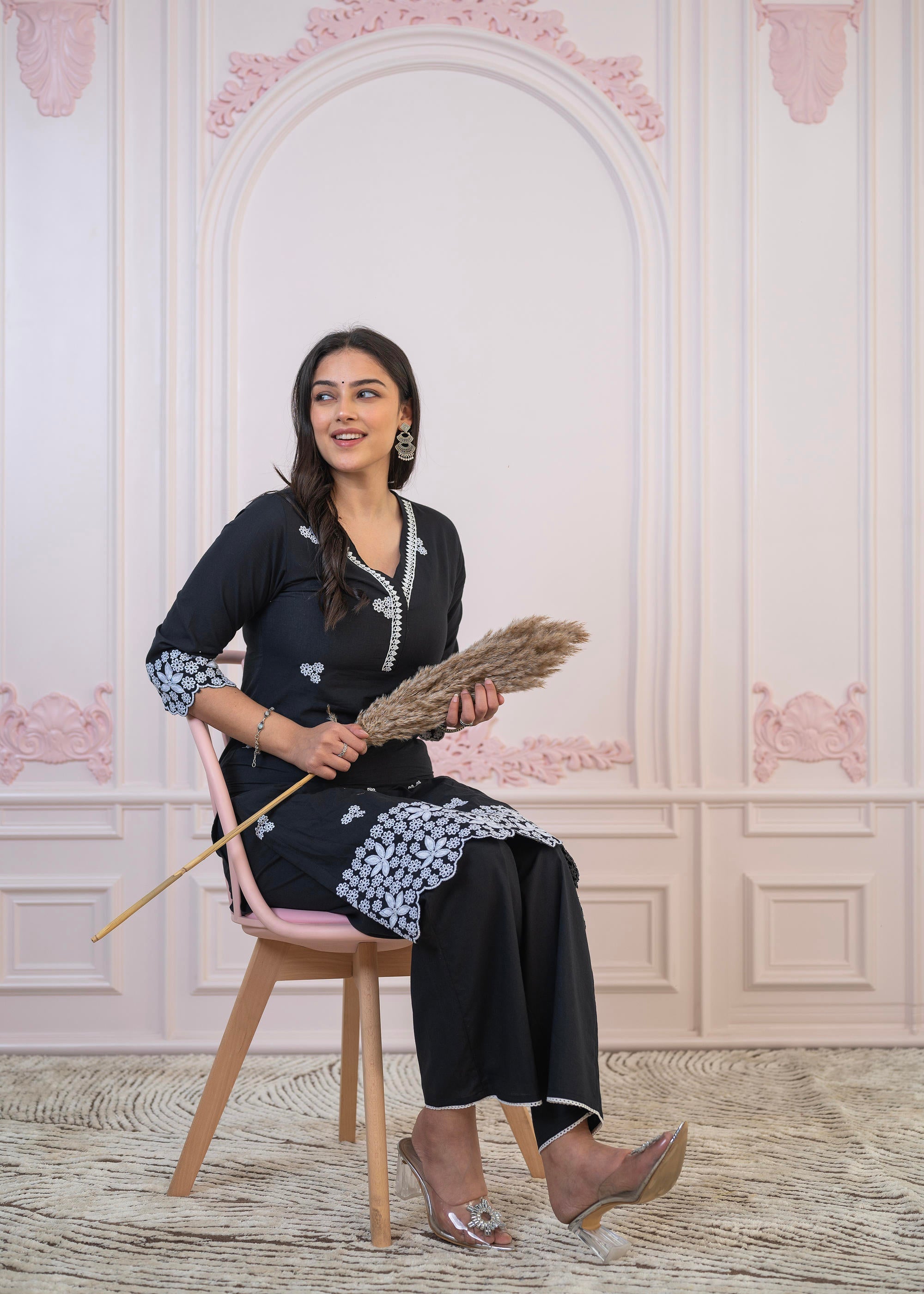 Black Floral Embroidered Cotton Slub Kurta with Palazzo & Lace