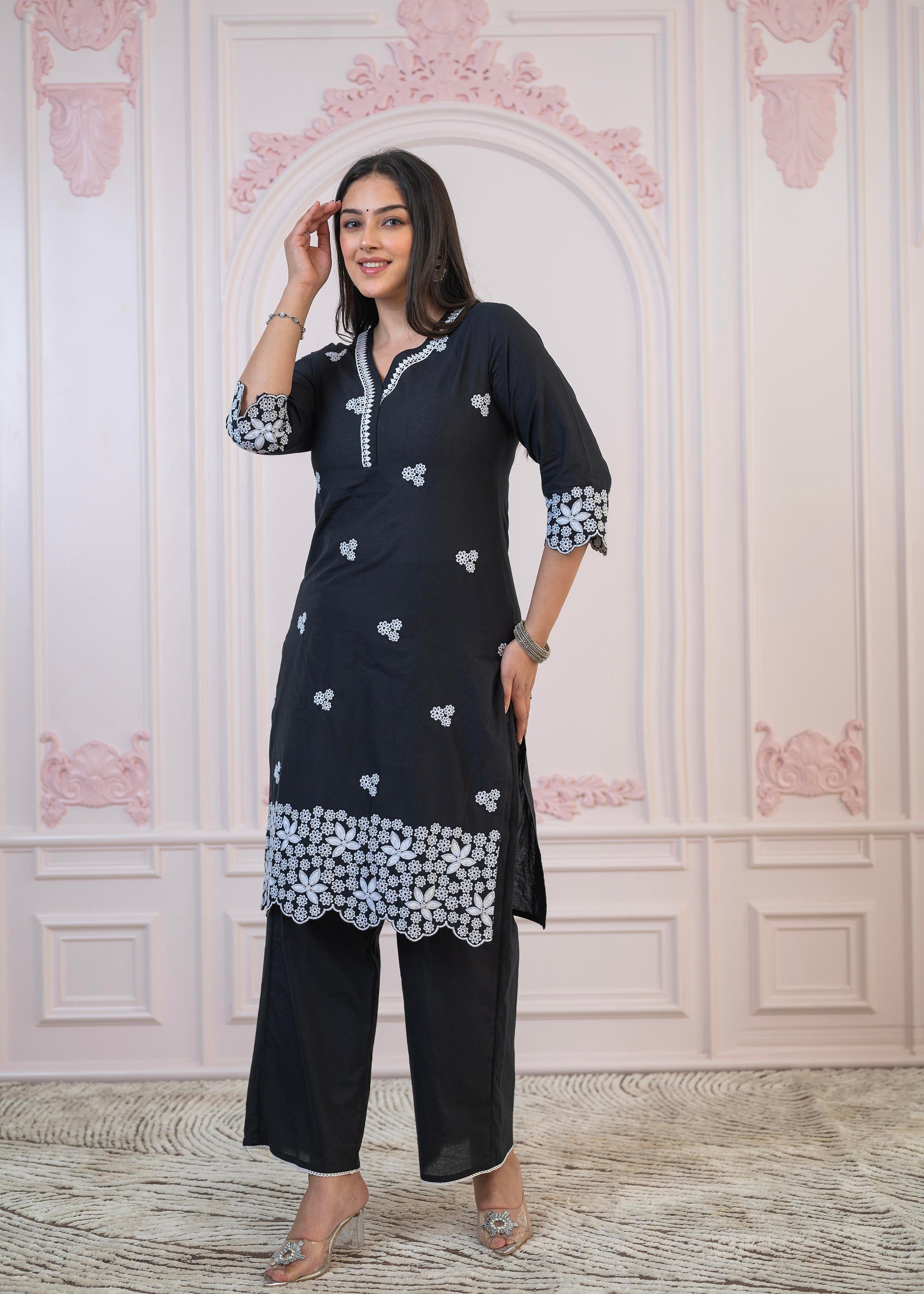 Black Floral Embroidered Cotton Slub Kurta with Palazzo & Lace