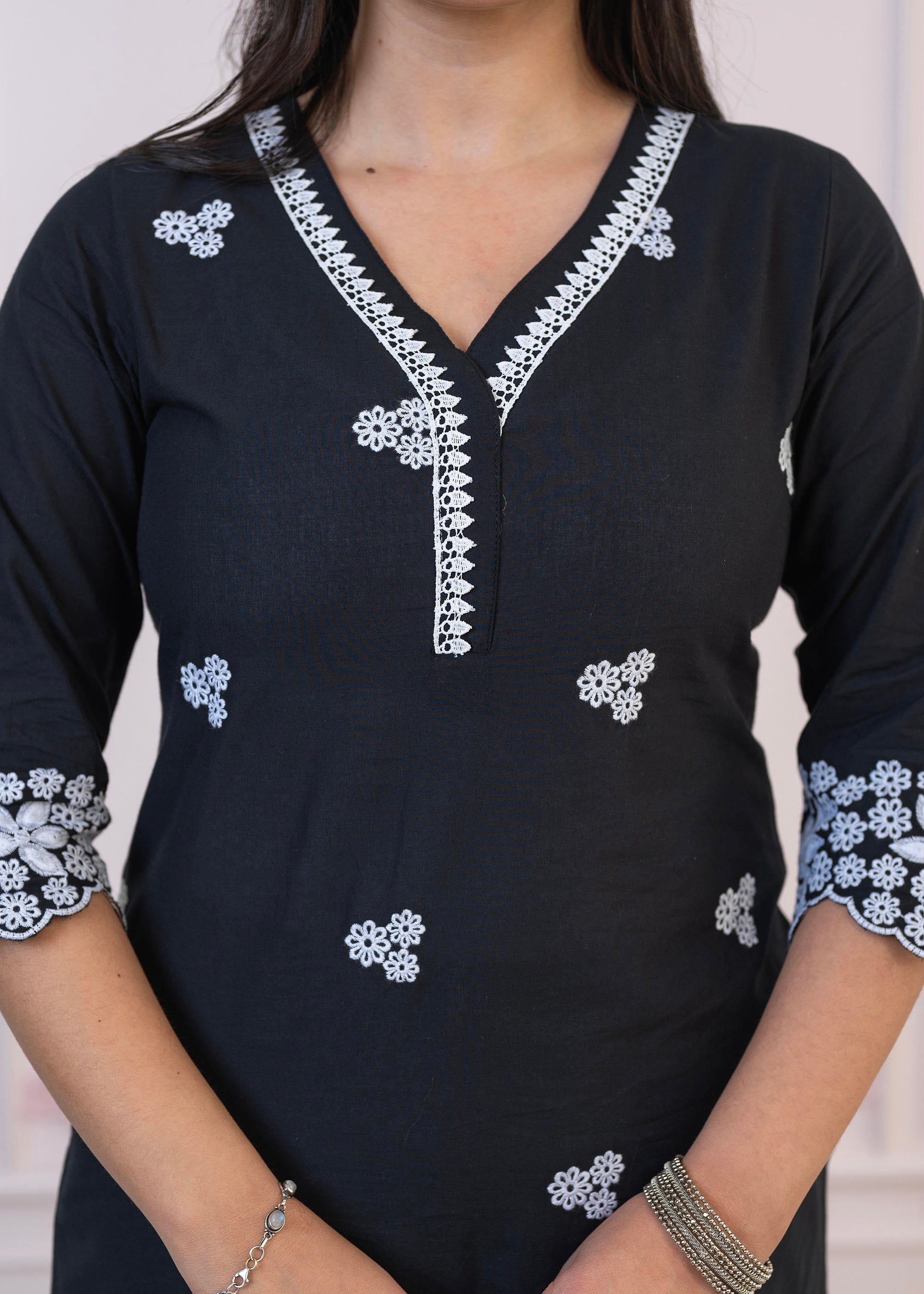 Black Floral Embroidered Cotton Slub Kurta with Palazzo & Lace