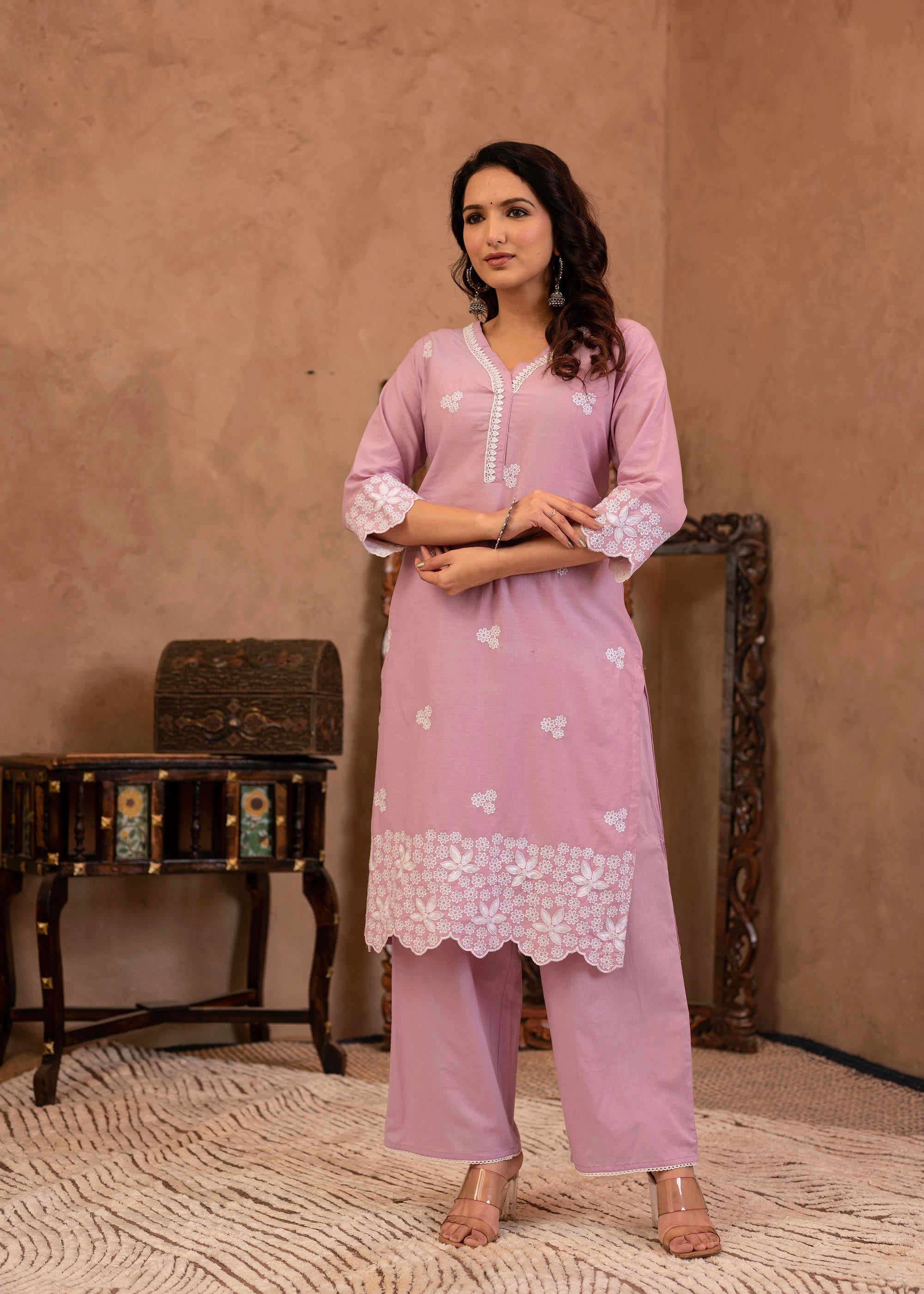 Lavender Cotton Silk Solid Hight Front Slit A-Line Kurta Palazzo With Organza Dupatta Set main image 0
