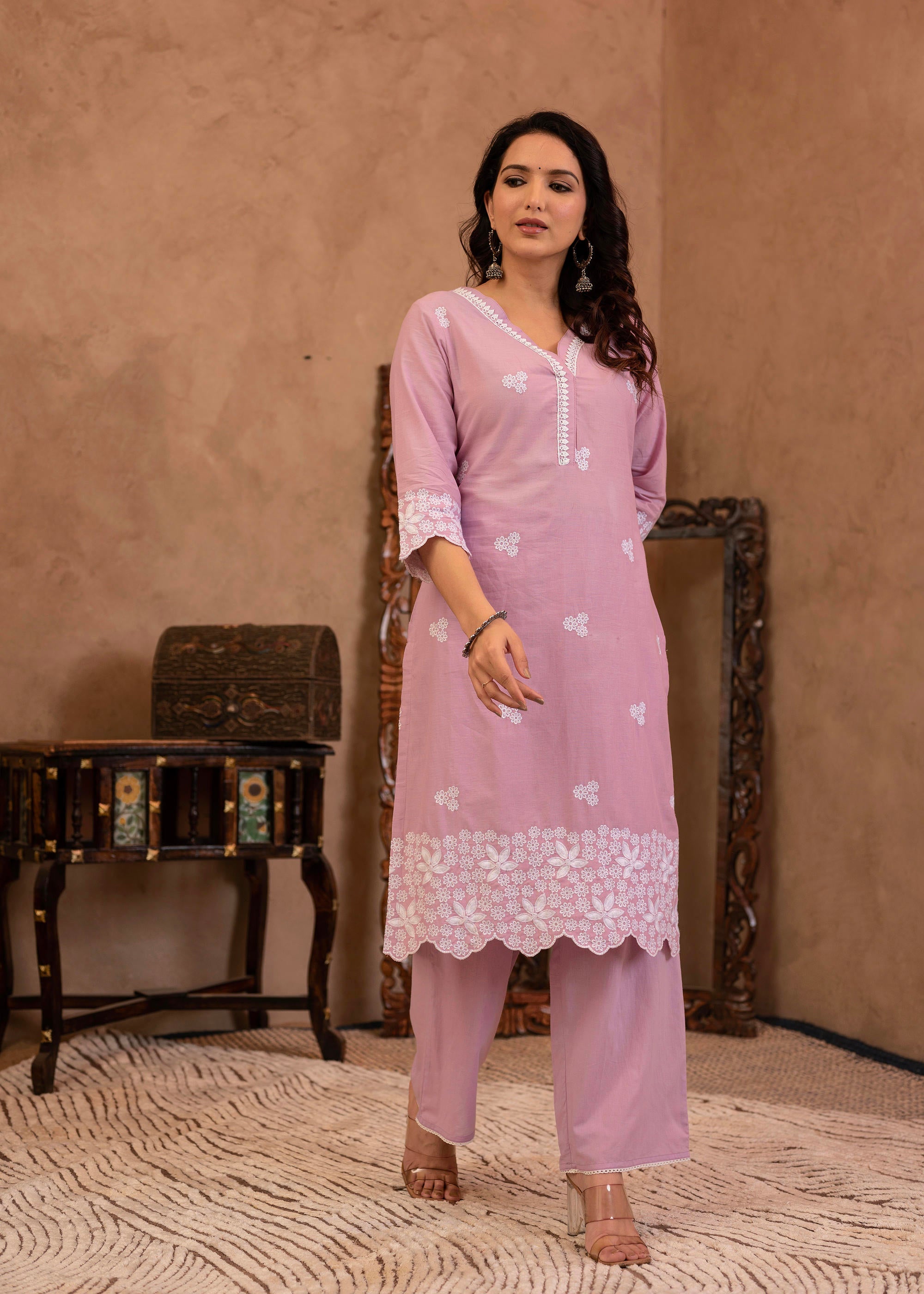 Lavender Floral Embroidered Cotton Kurta with Palazzo & Lace Work