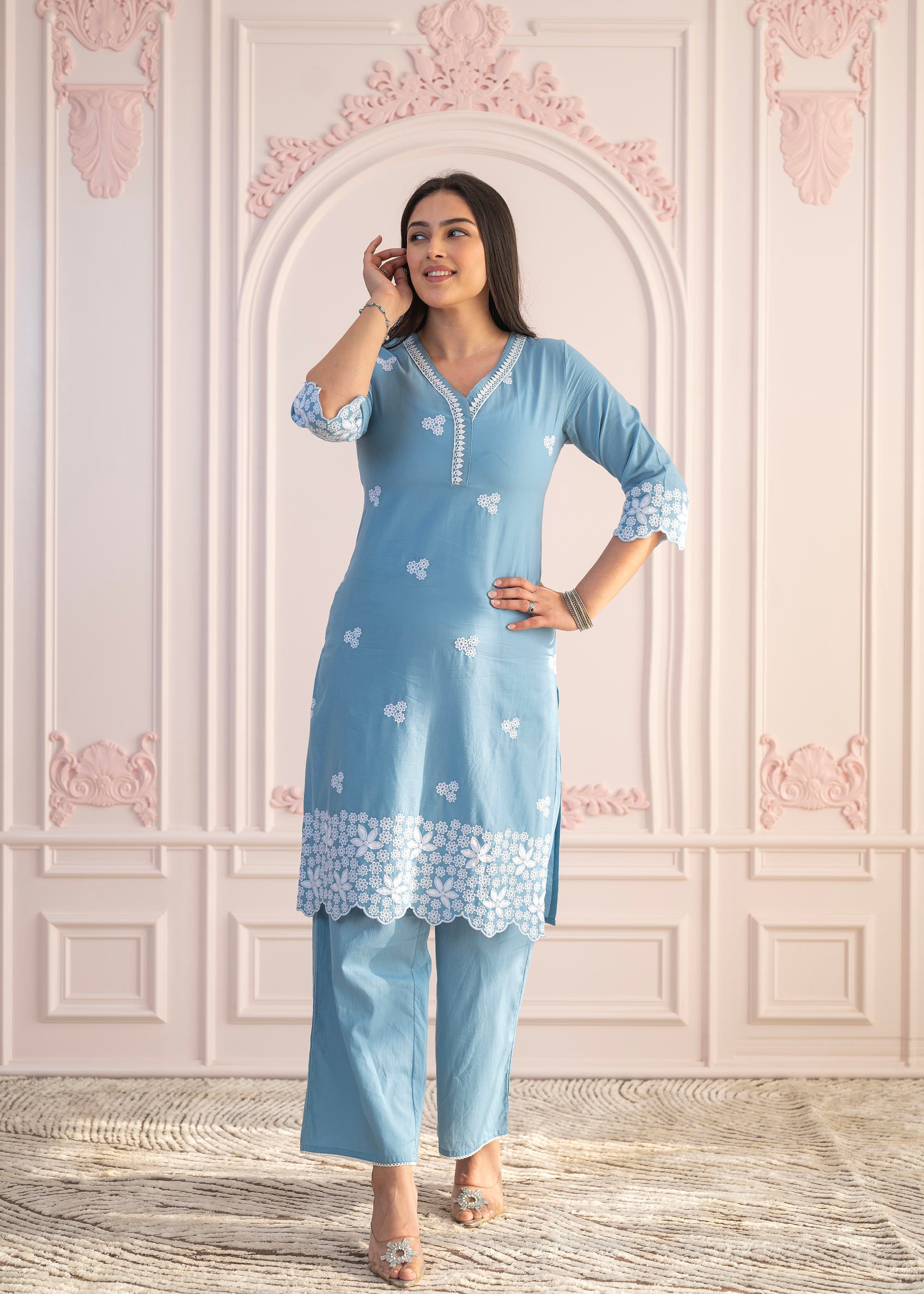 Powder Blue Embroidered Cotton Kurta with Palazzo & Lace Work