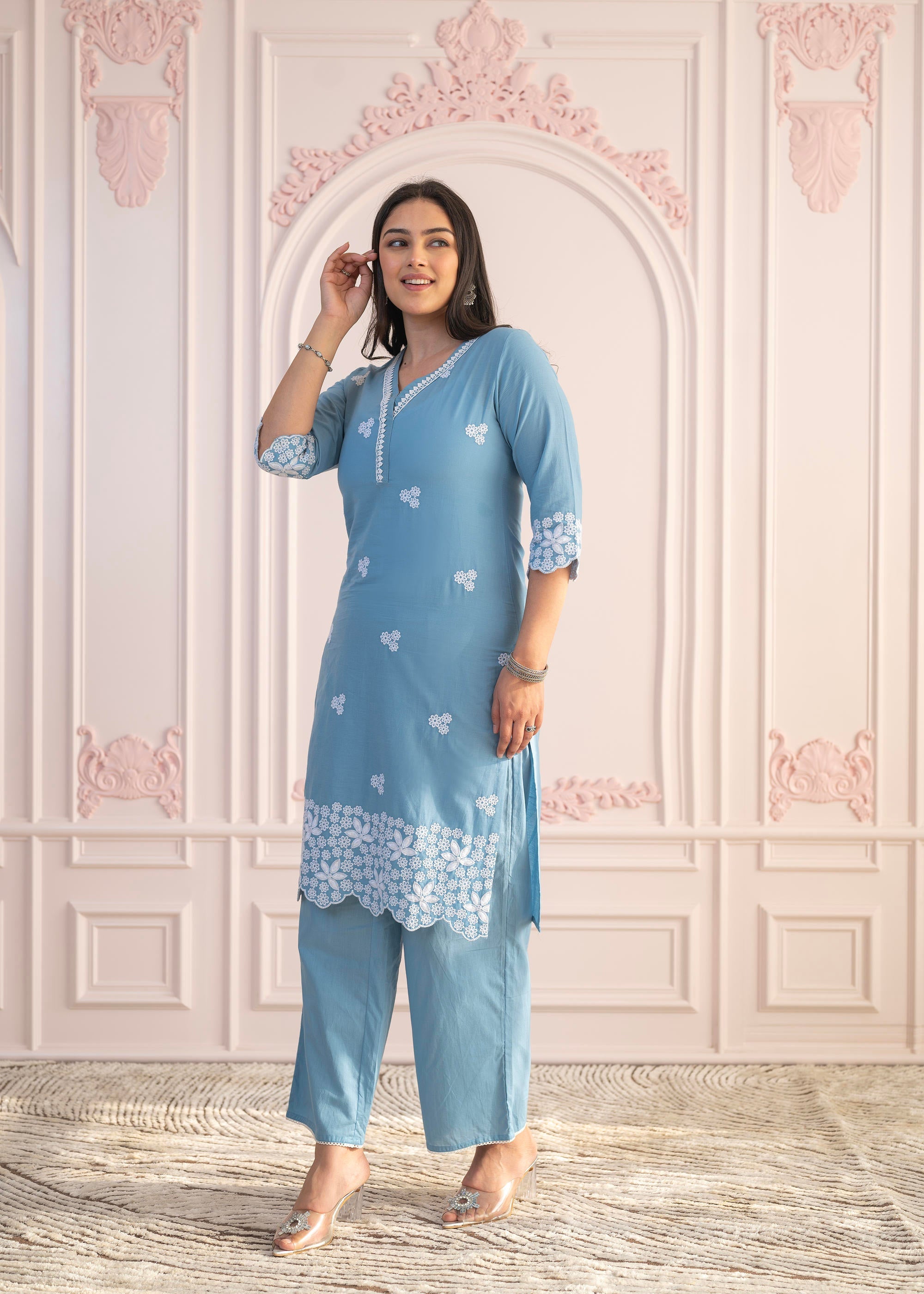 Powder Blue Embroidered Cotton Kurta with Palazzo & Lace Work