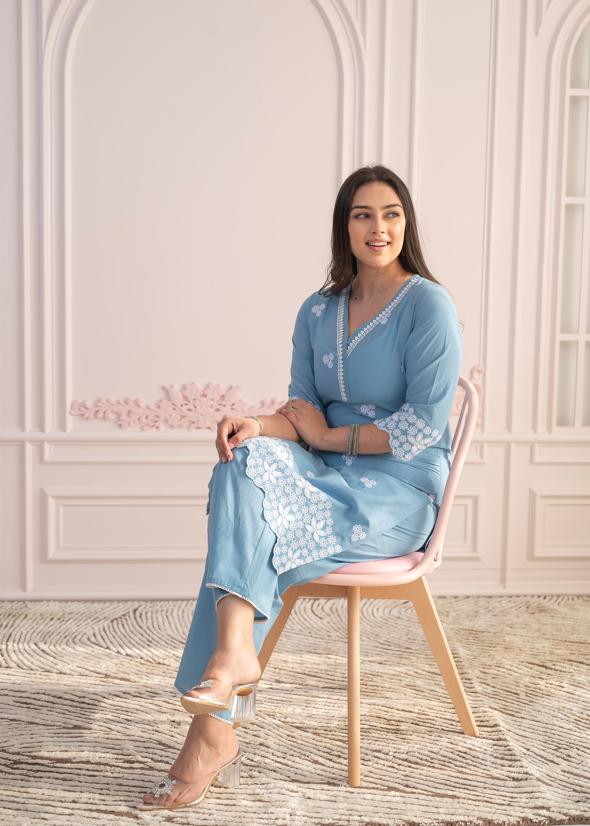 Powder Blue Embroidered Cotton Kurta with Palazzo & Lace Work