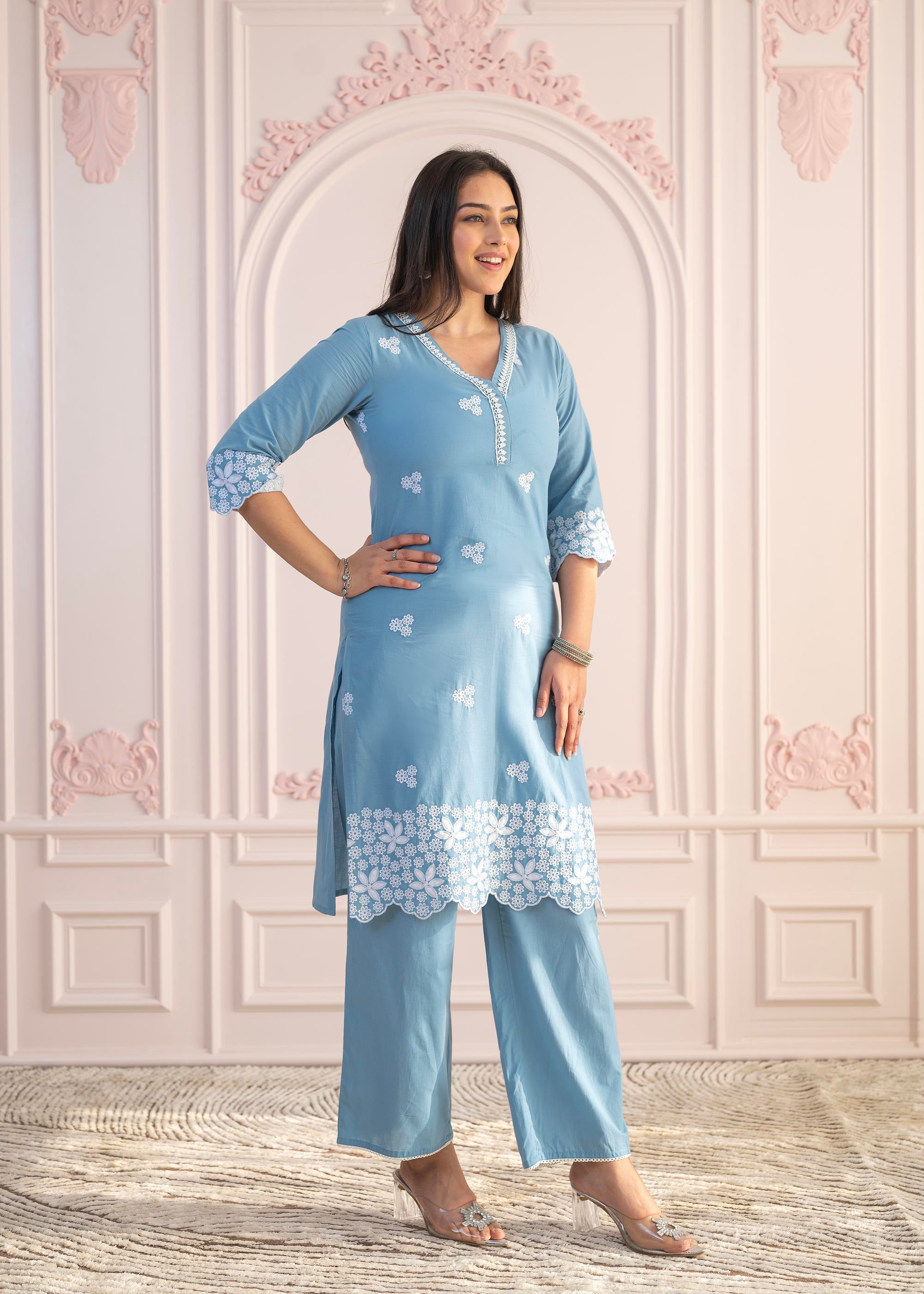 Powder Blue Embroidered Cotton Kurta with Palazzo & Lace Work