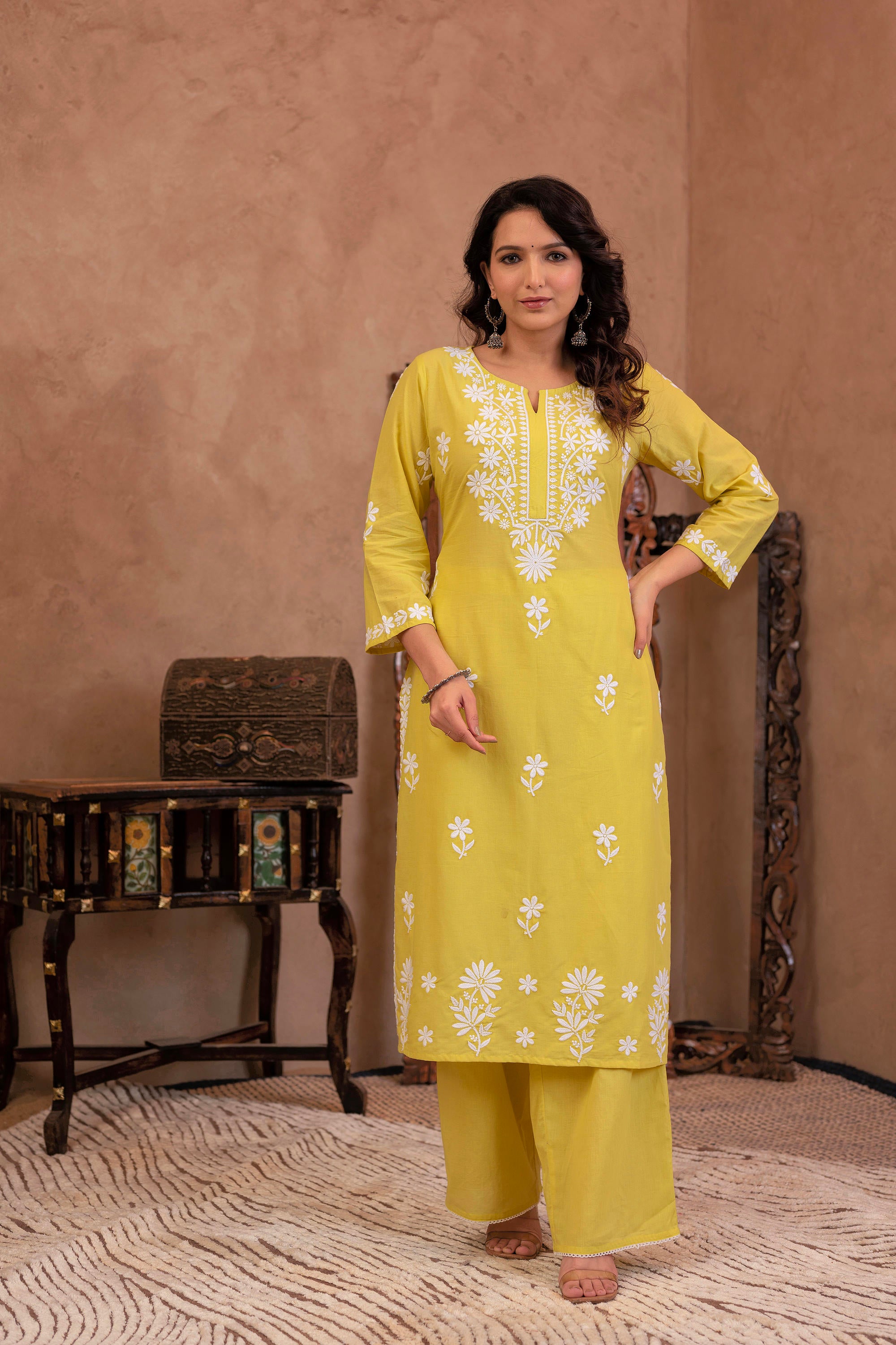 Lime Yellow Floral Embroidered Cotton Slub Kurta with Palazzo