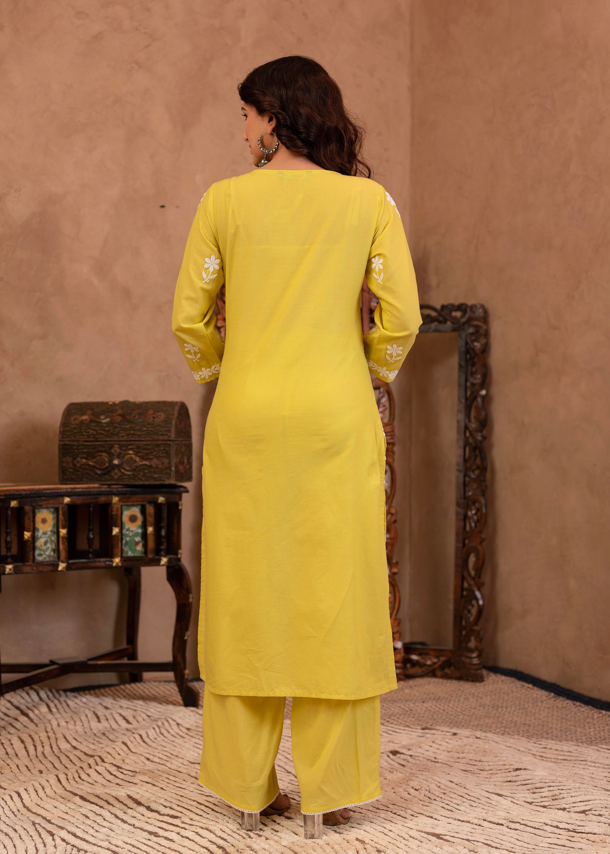 Lime Yellow Floral Embroidered Cotton Slub Kurta with Palazzo