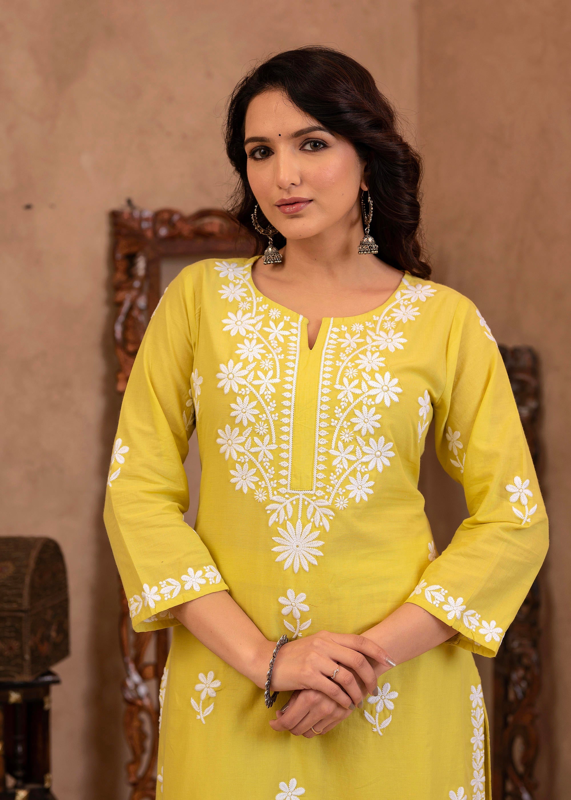 Lime Yellow Floral Embroidered Cotton Slub Kurta with Palazzo