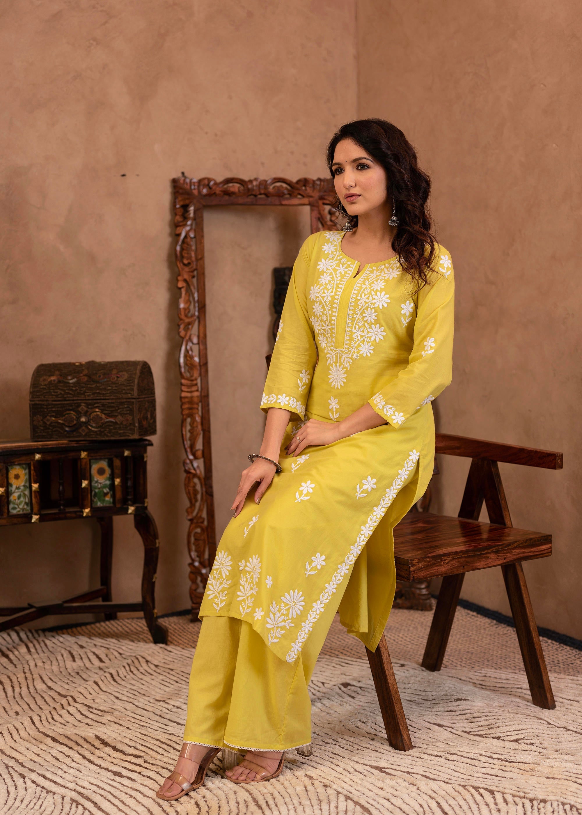 Lime Yellow Floral Embroidered Cotton Slub Kurta with Palazzo