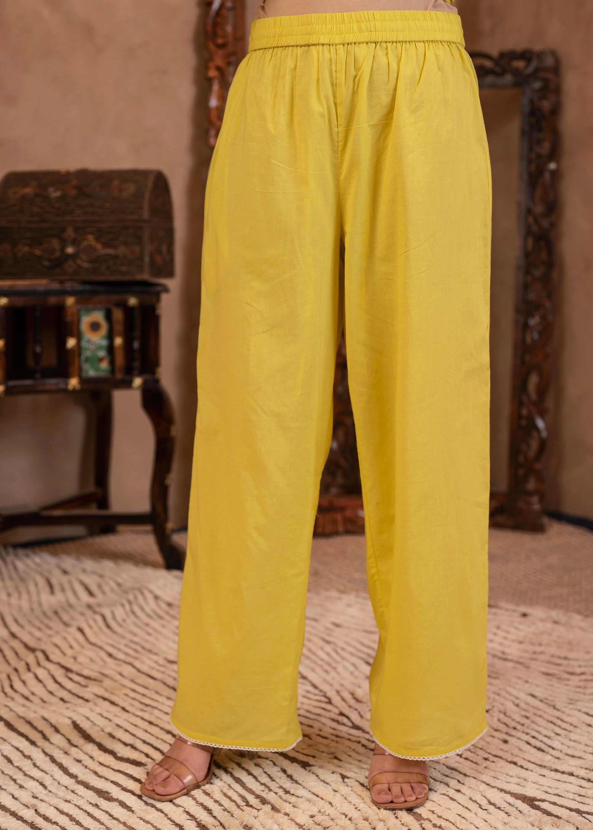 Lime Yellow Floral Embroidered Cotton Slub Kurta with Palazzo