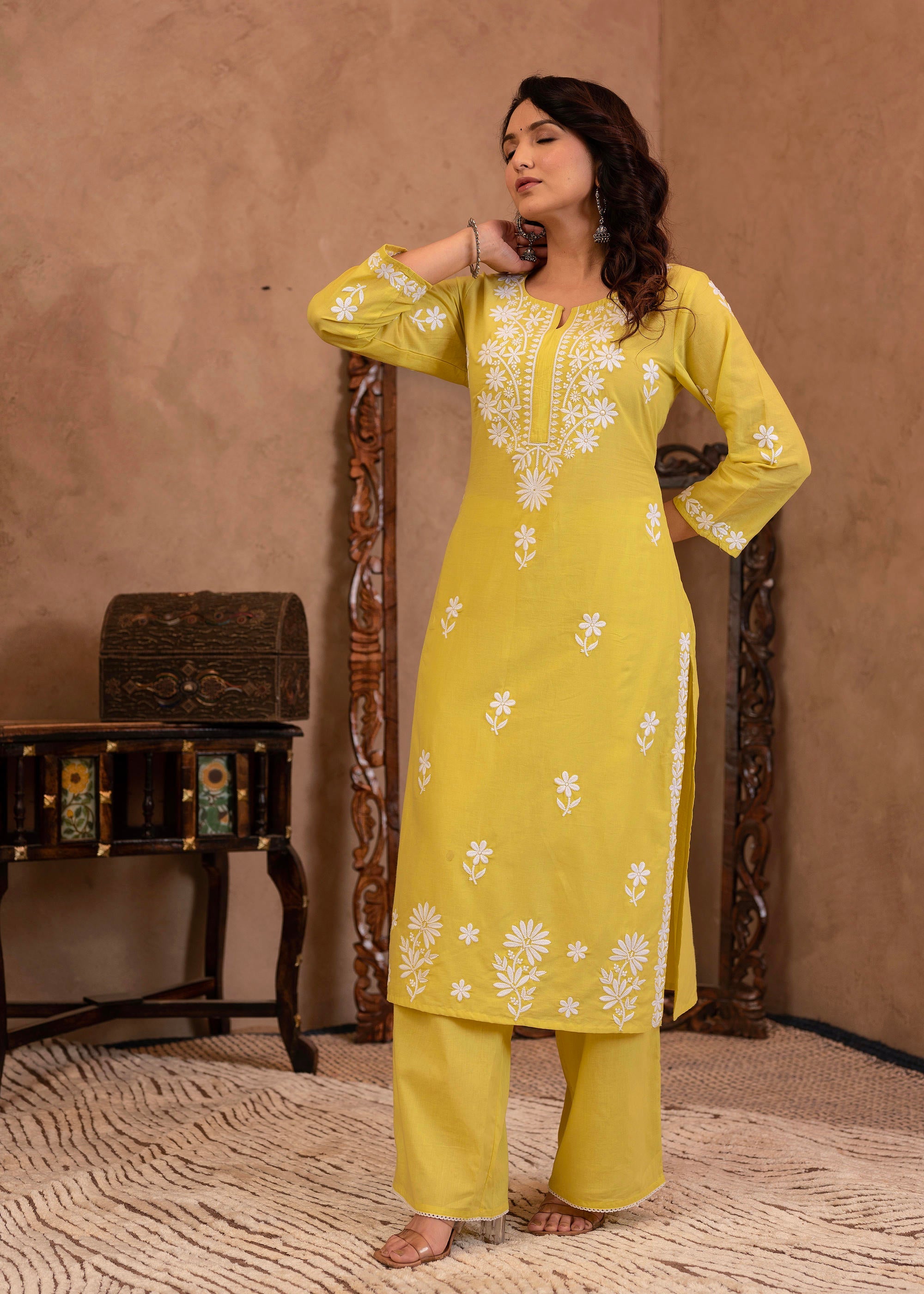 Lime Yellow Floral Embroidered Cotton Slub Kurta with Palazzo