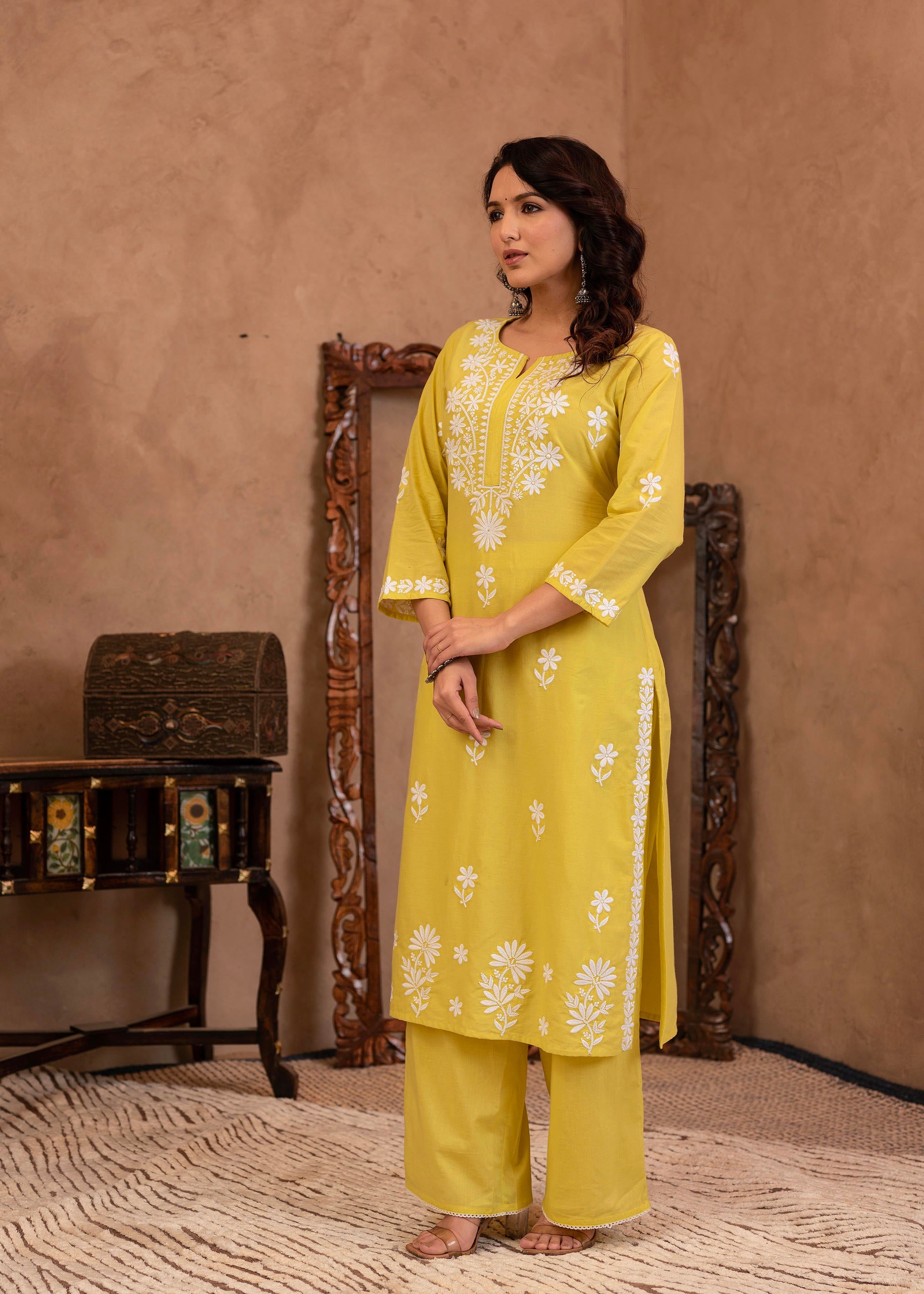 Lime Yellow Floral Embroidered Cotton Slub Kurta with Palazzo