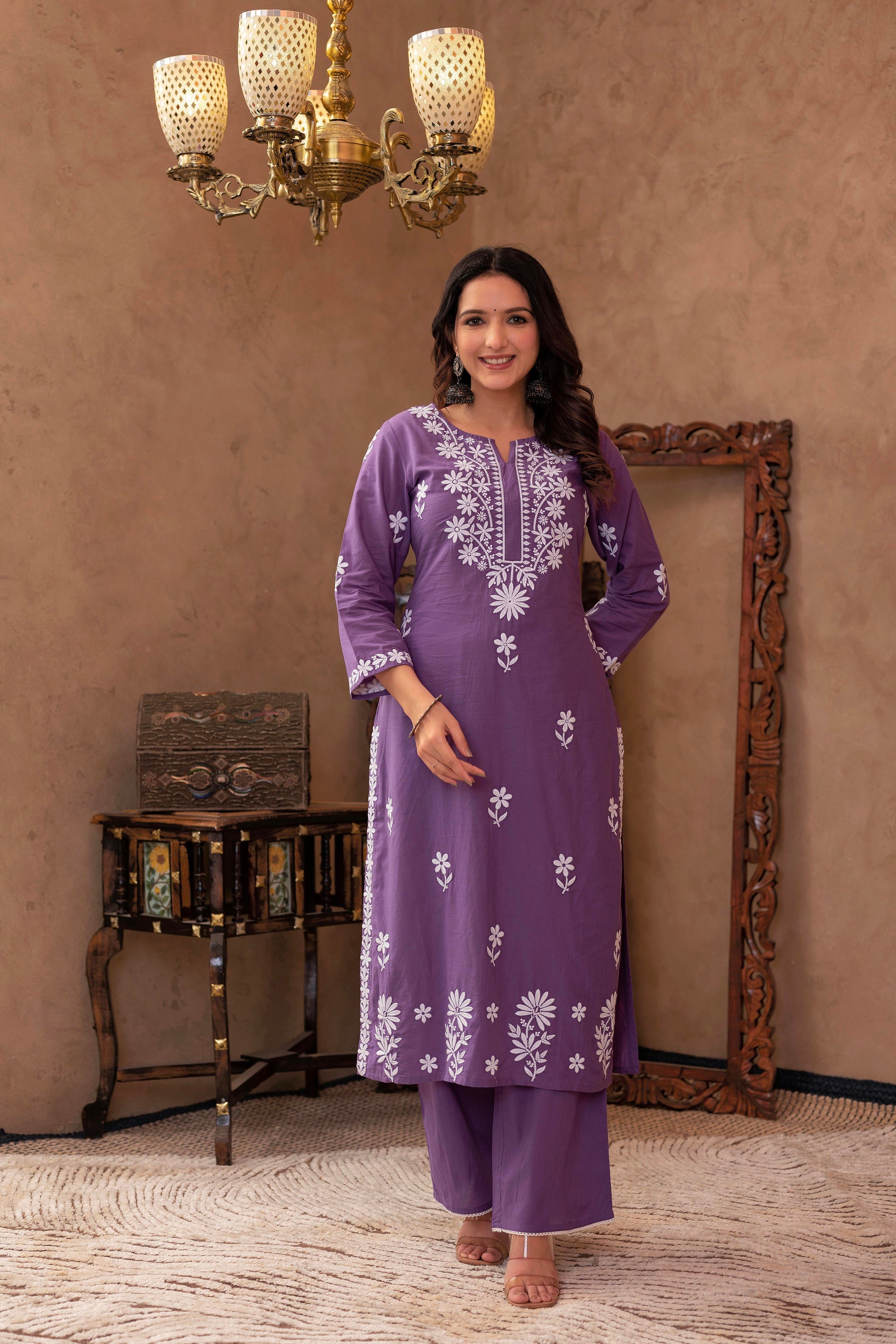 Purple Embroidered Cotton Kurta with Palazzo