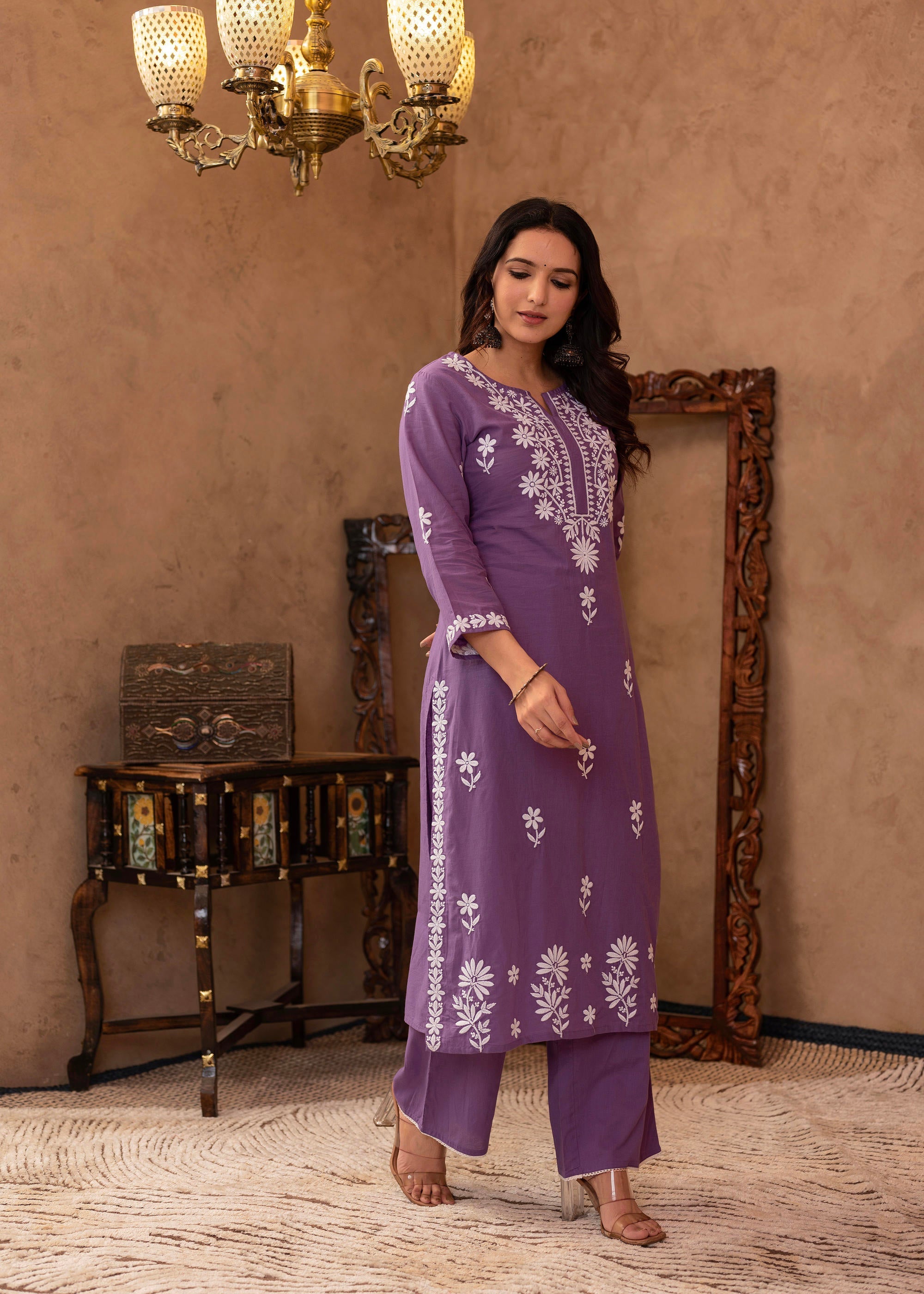 Purple Embroidered Cotton Kurta with Palazzo
