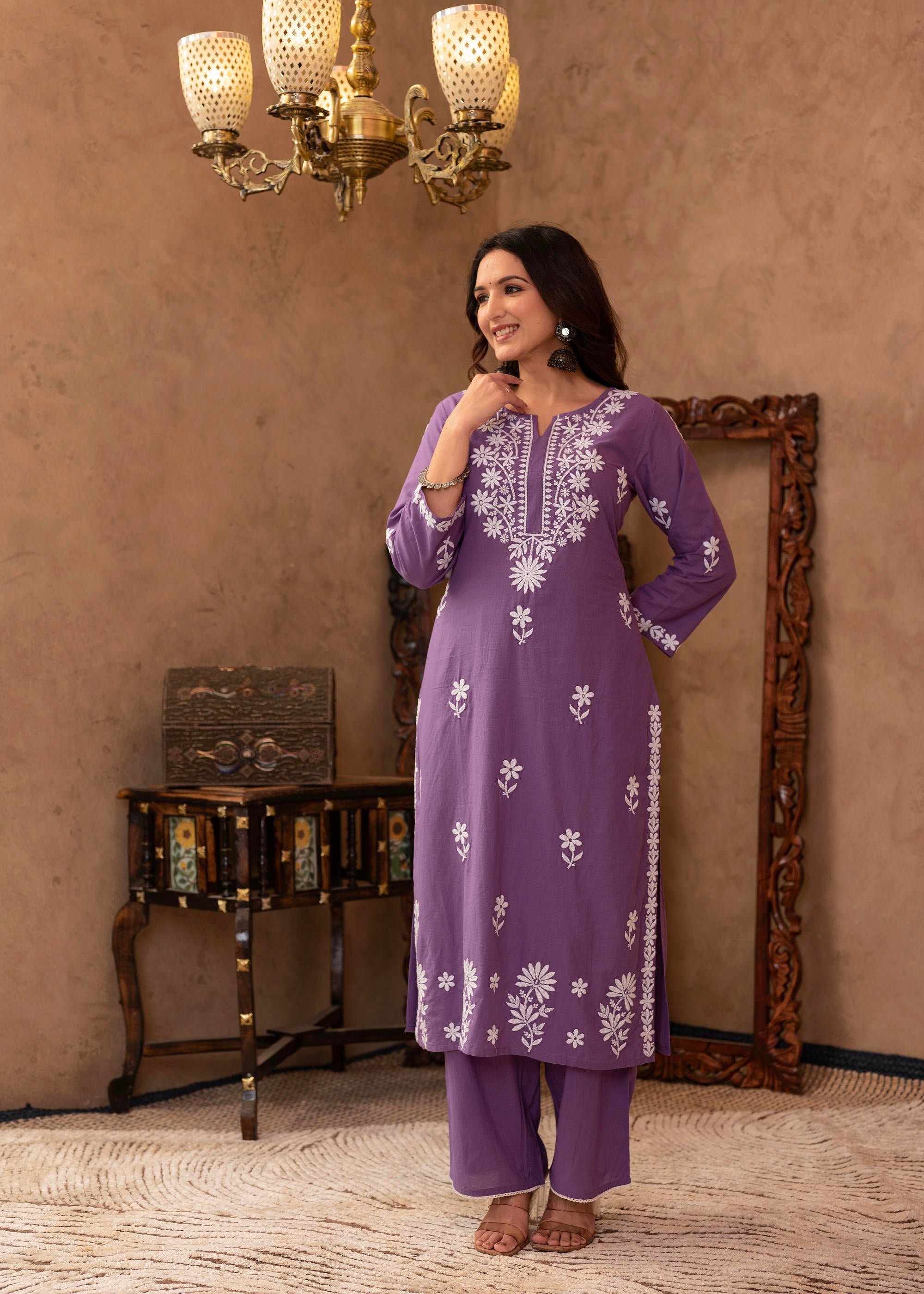 Purple Embroidered Cotton Kurta with Palazzo