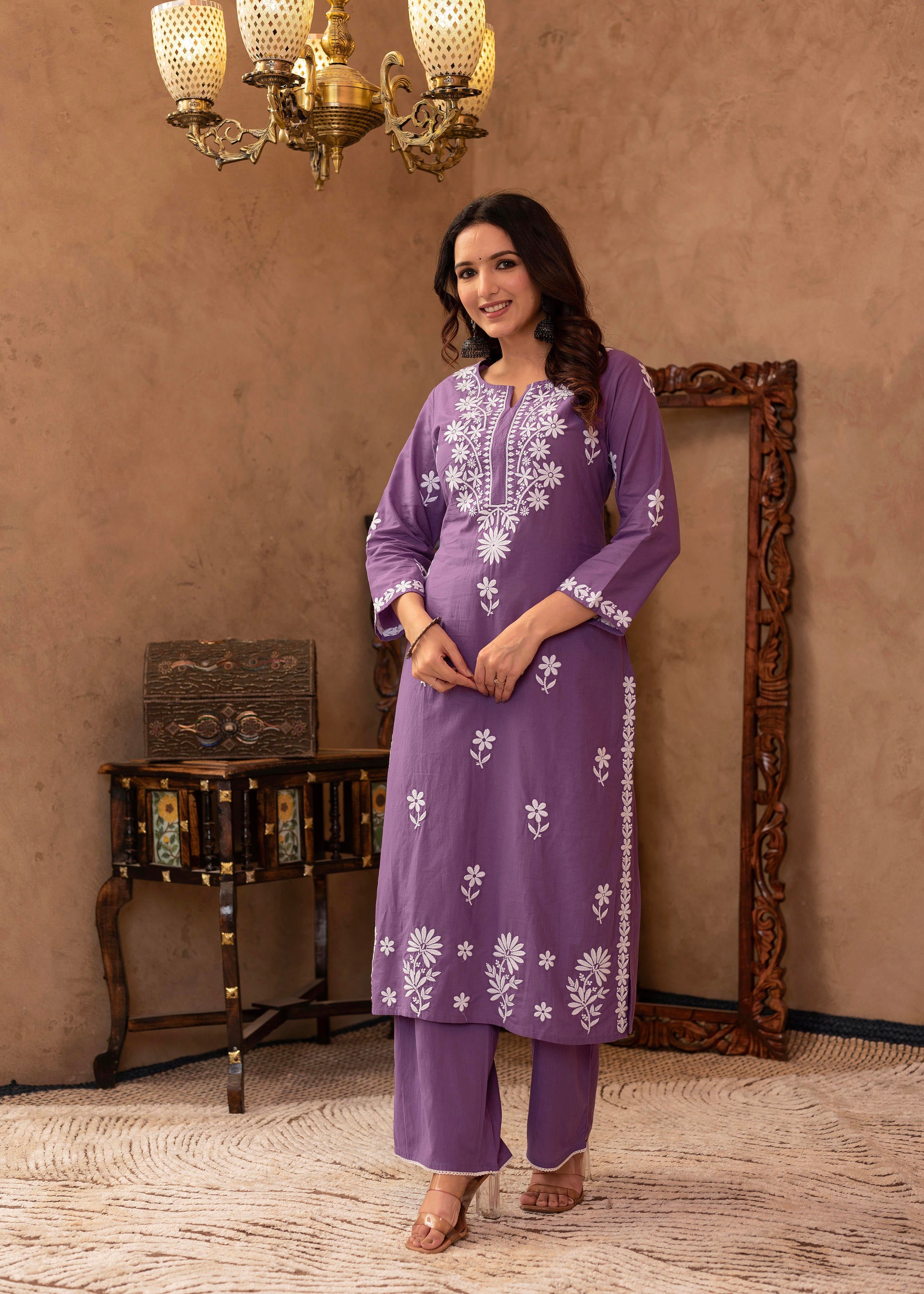 Purple Embroidered Cotton Kurta with Palazzo