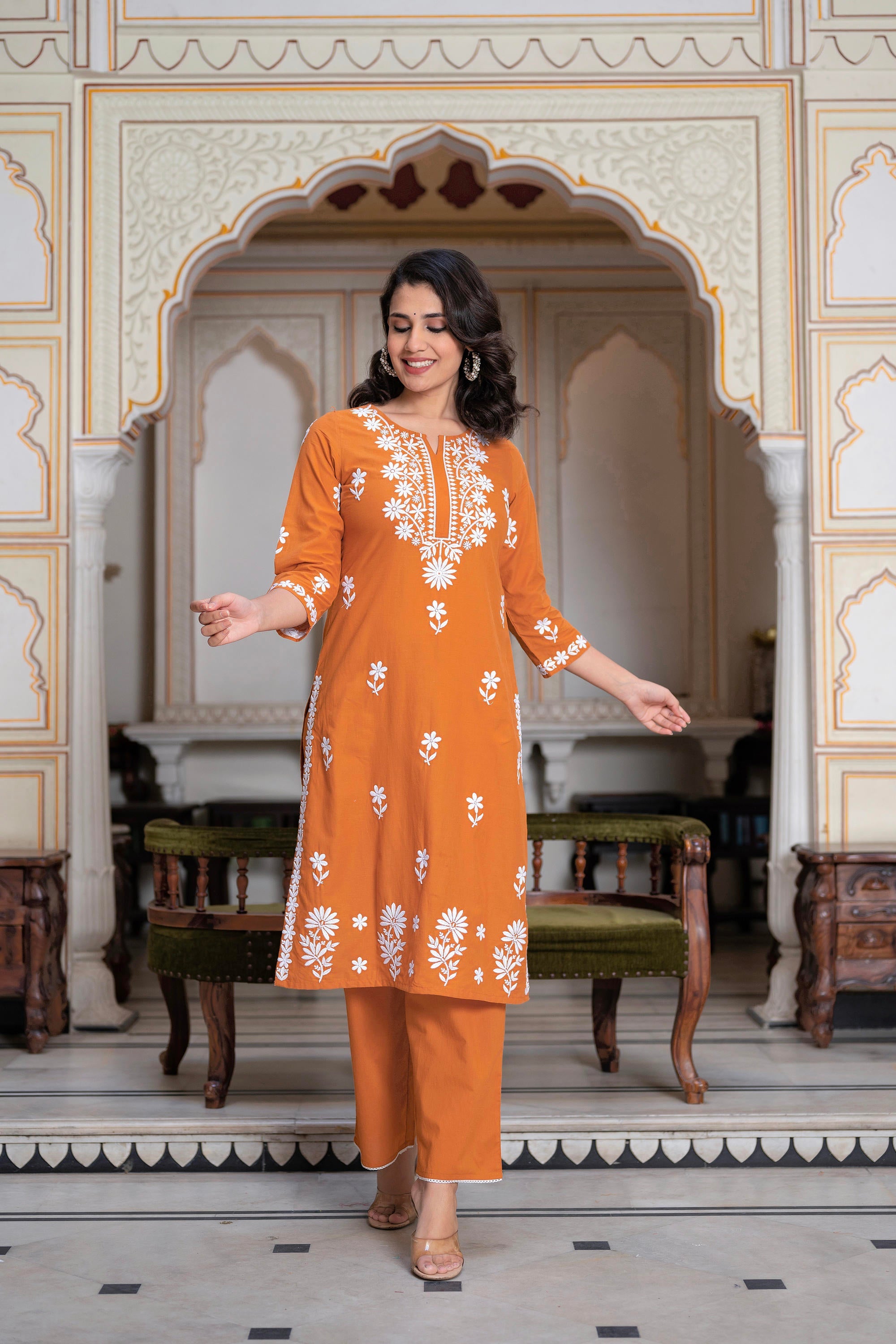 Rust Embroidered Cotton Kurta with Palazzo