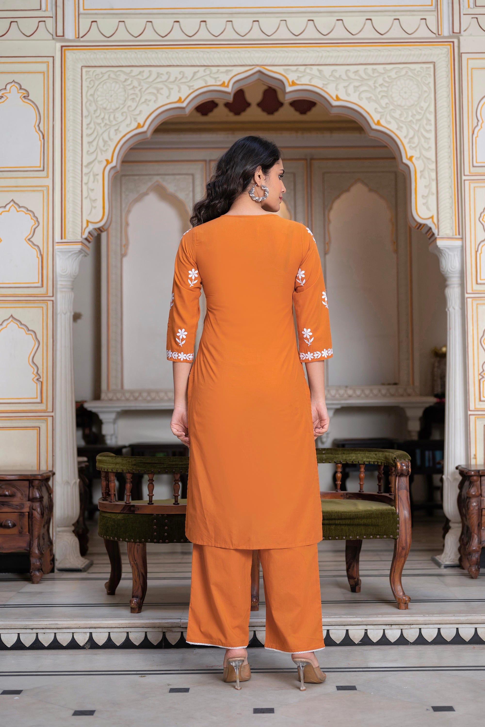 Rust Embroidered Cotton Kurta with Palazzo