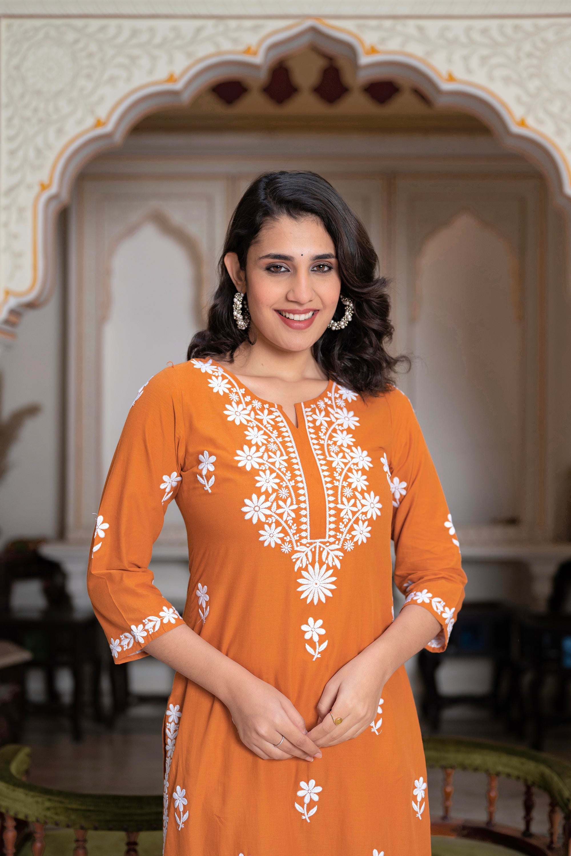 Rust Embroidered Cotton Kurta with Palazzo