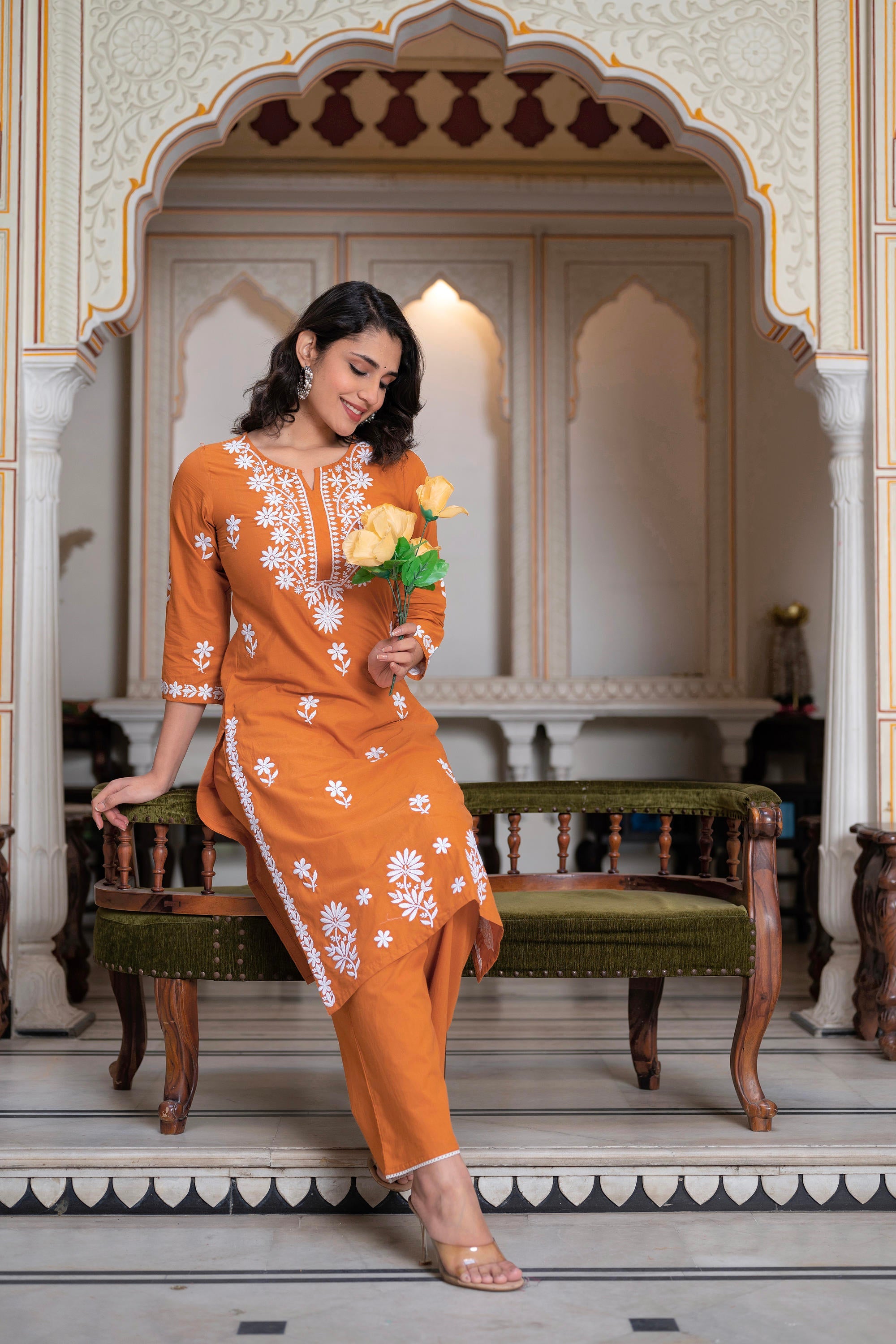Rust Embroidered Cotton Kurta with Palazzo
