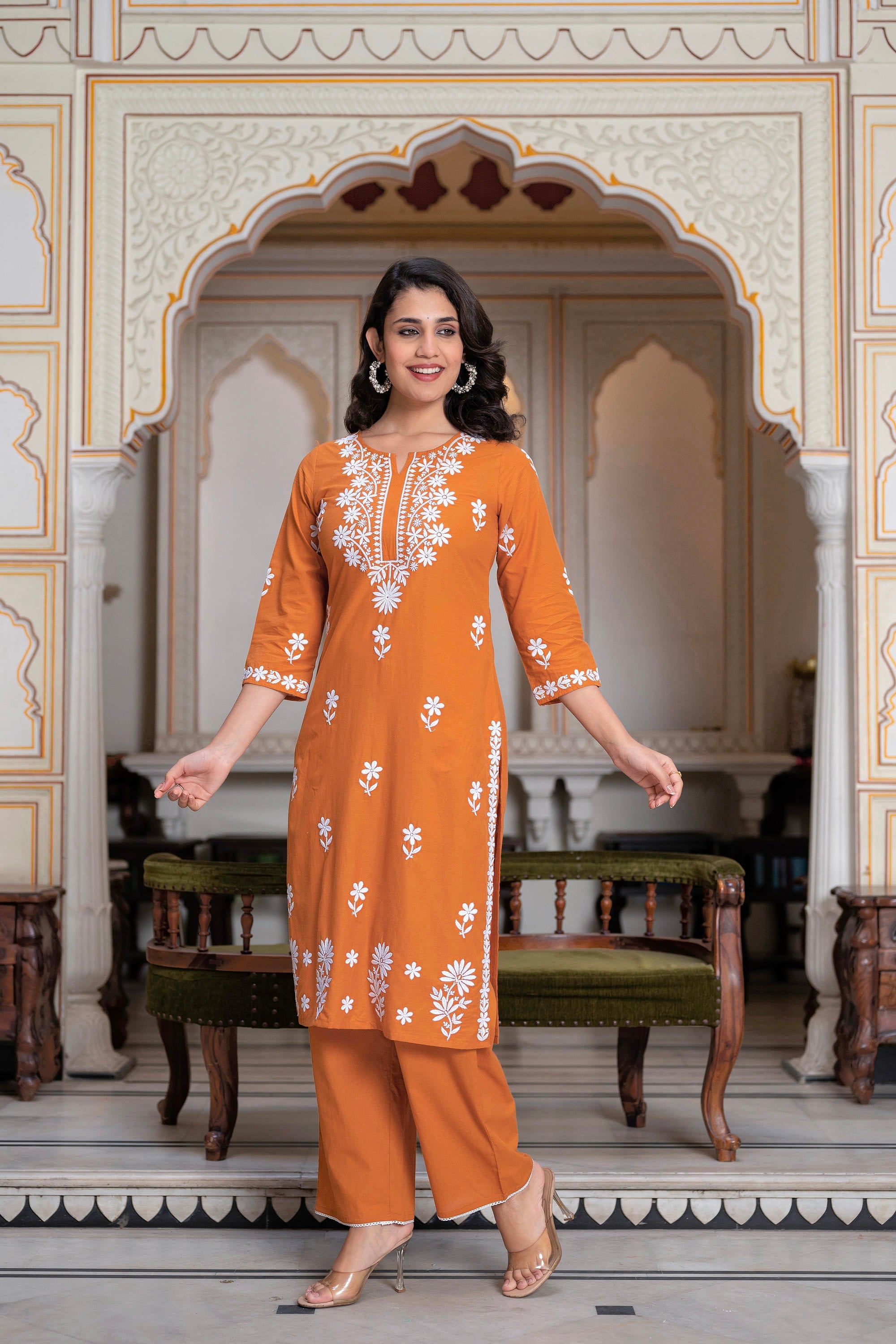 Rust Embroidered Cotton Kurta with Palazzo