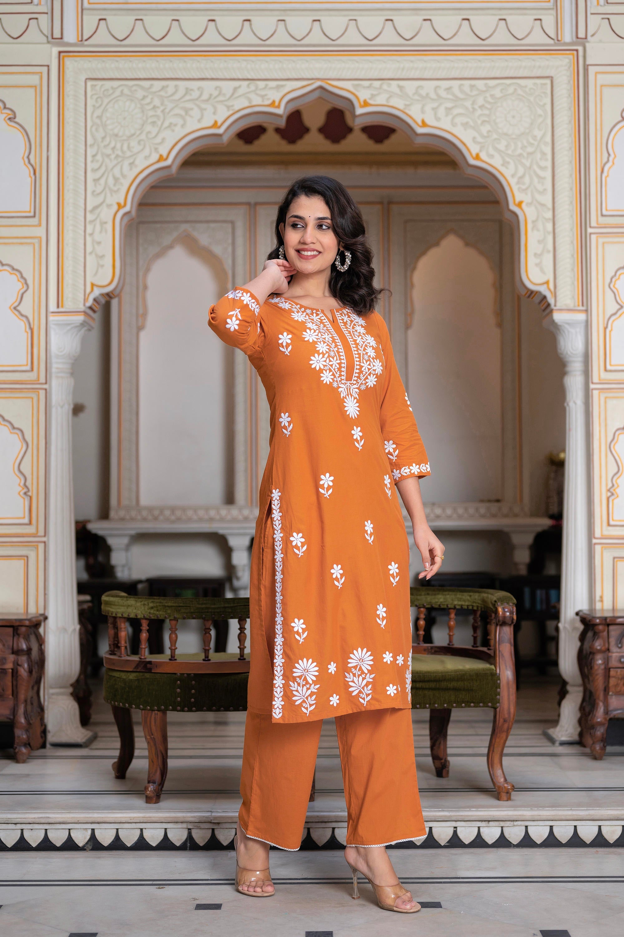 Rust Embroidered Cotton Kurta with Palazzo