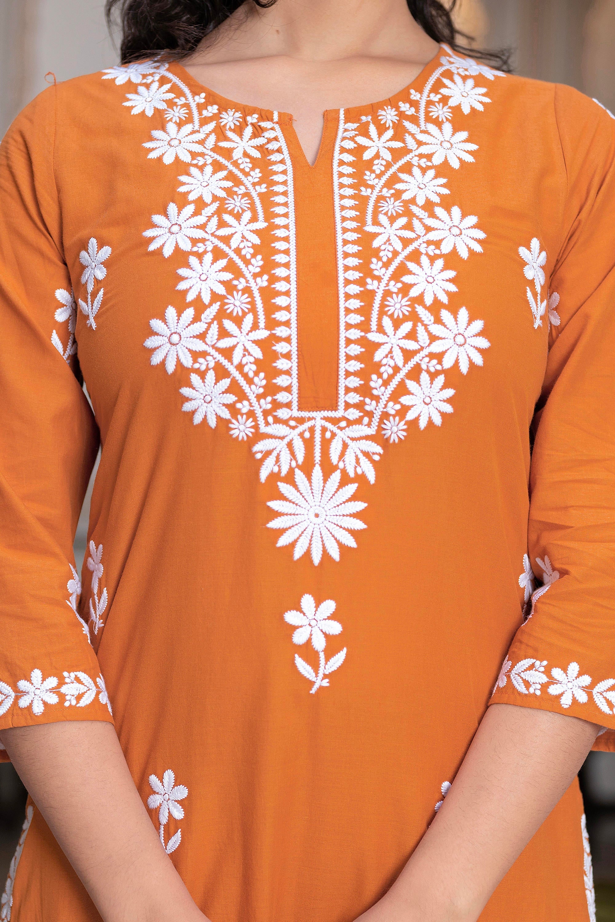 Rust Embroidered Cotton Kurta with Palazzo