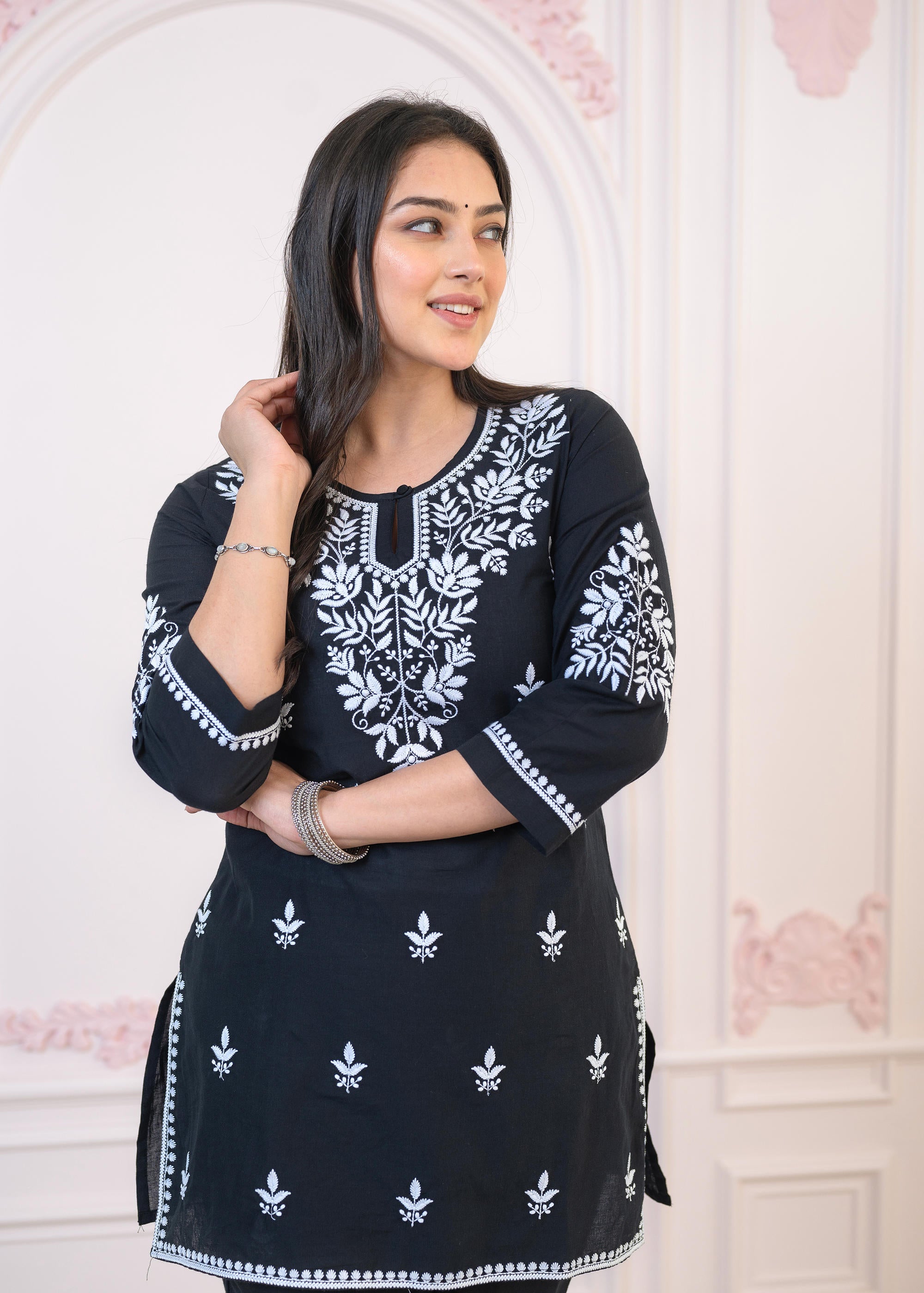 Black Cotton Embroidered Kurta-Pant Set with Thread Work & Buttons