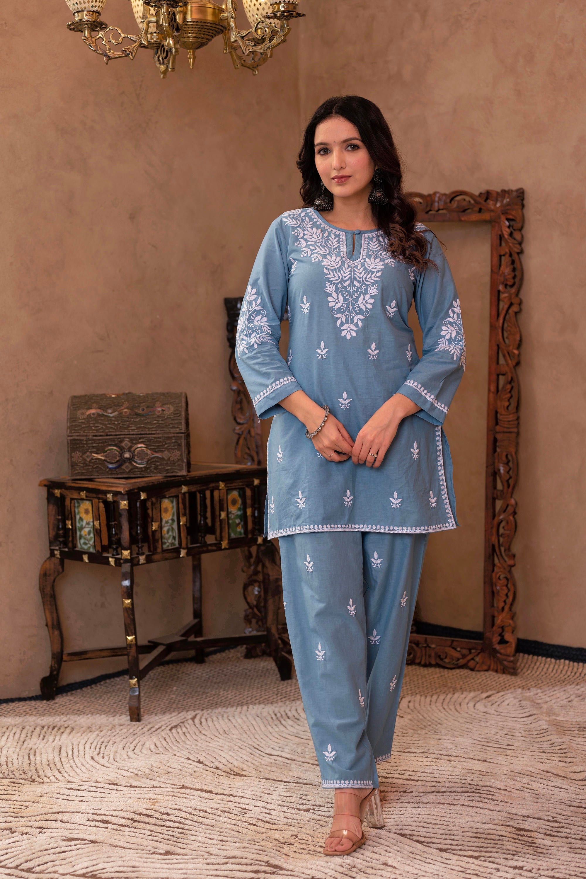 Blue Embroidered Cotton Slub Kurta with Pant Button Details
