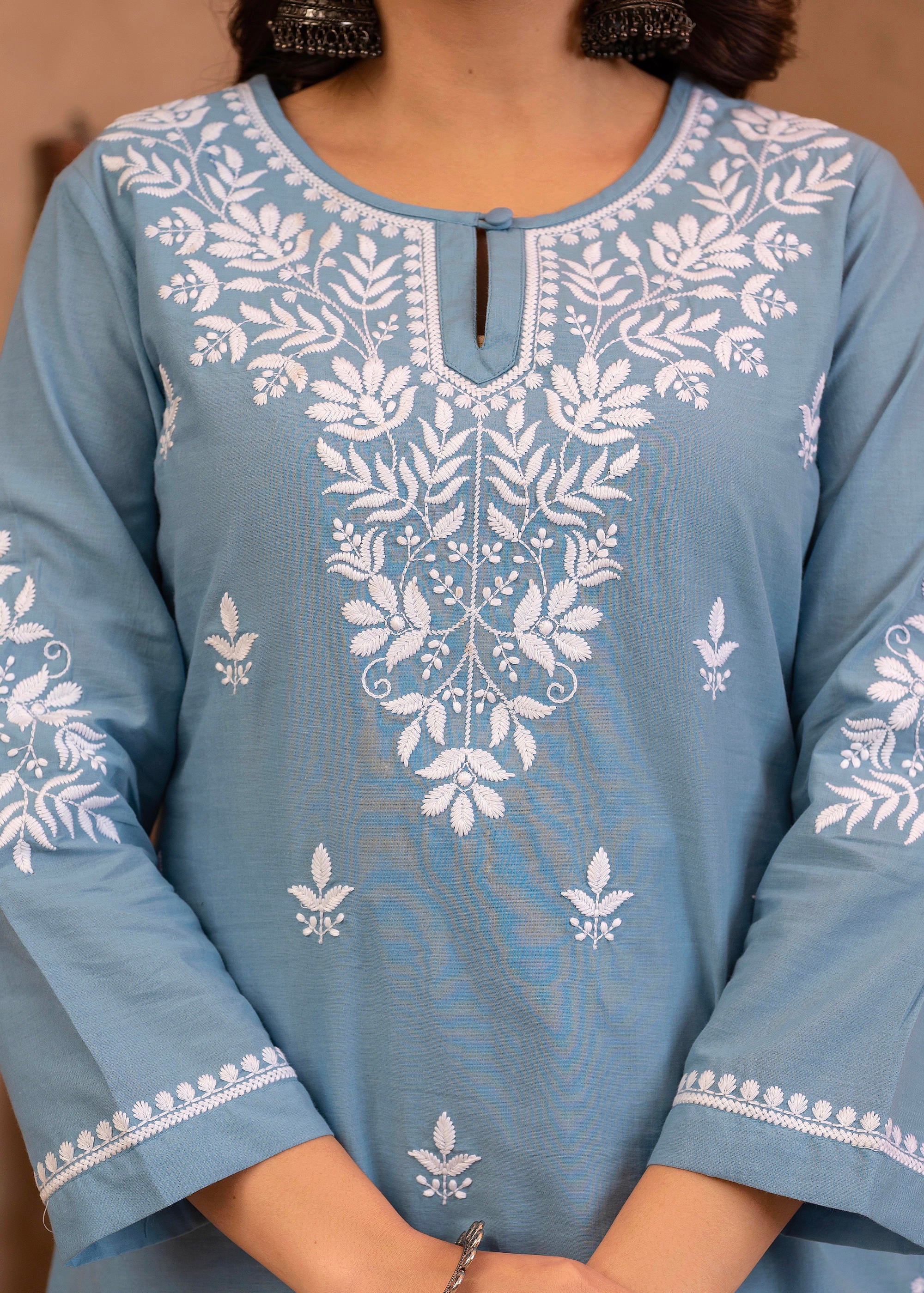 Blue Embroidered Cotton Slub Kurta with Pant & Button Details