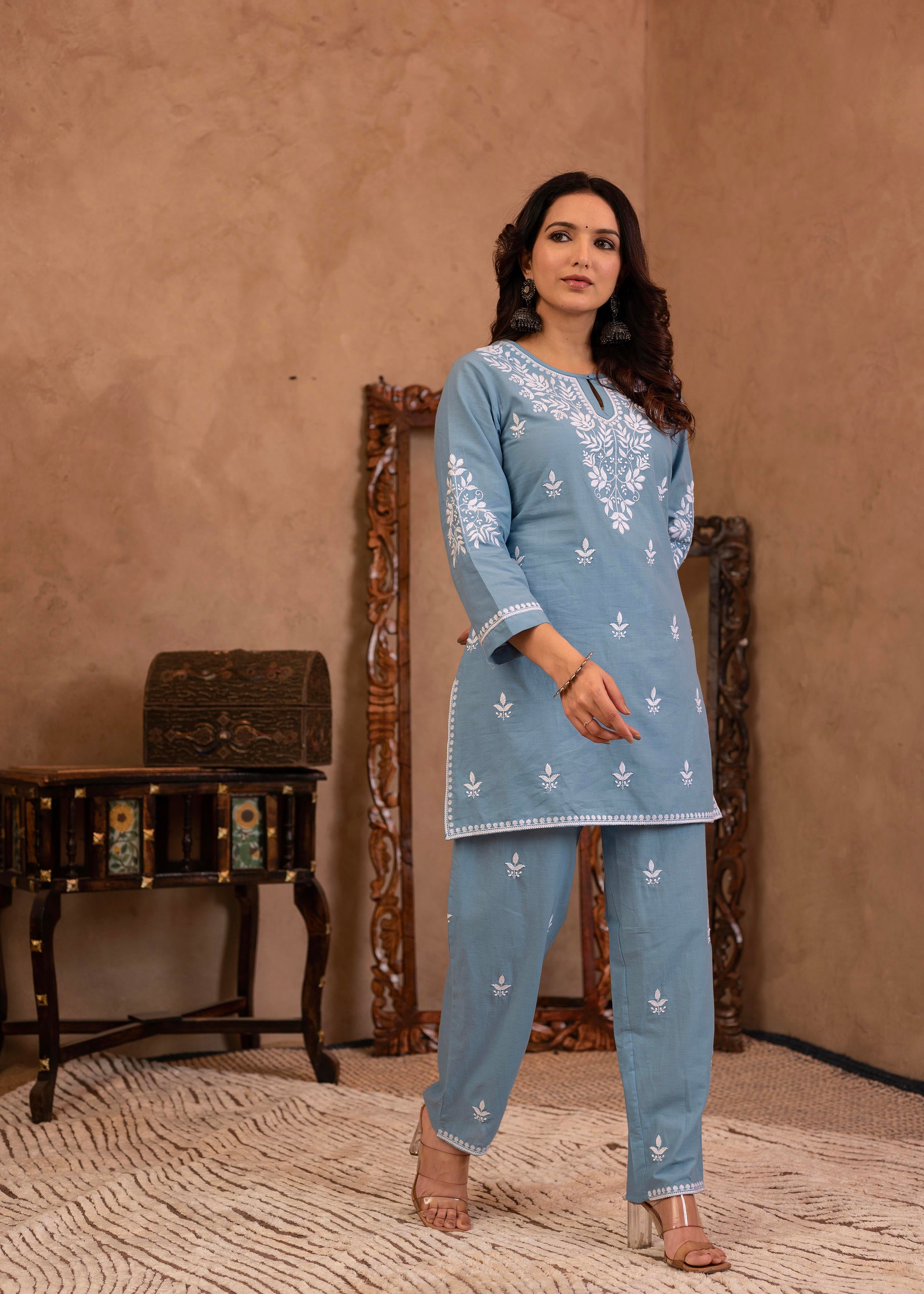 Blue Embroidered Cotton Slub Kurta with Pant & Button Details