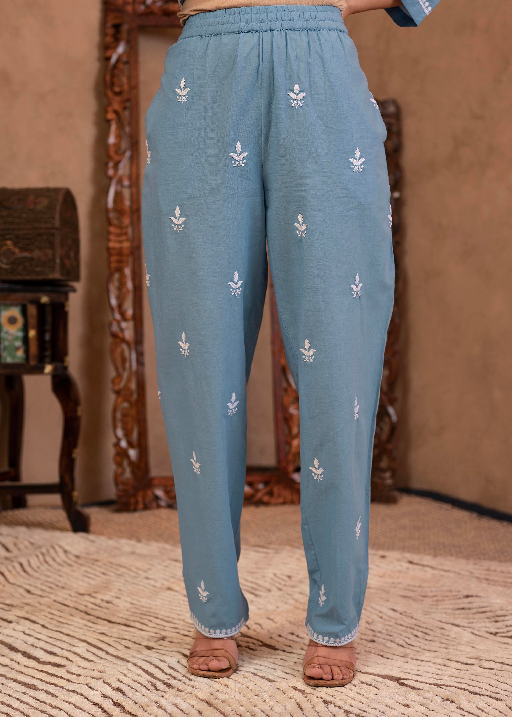 Blue Embroidered Cotton Slub Kurta with Pant & Button Details