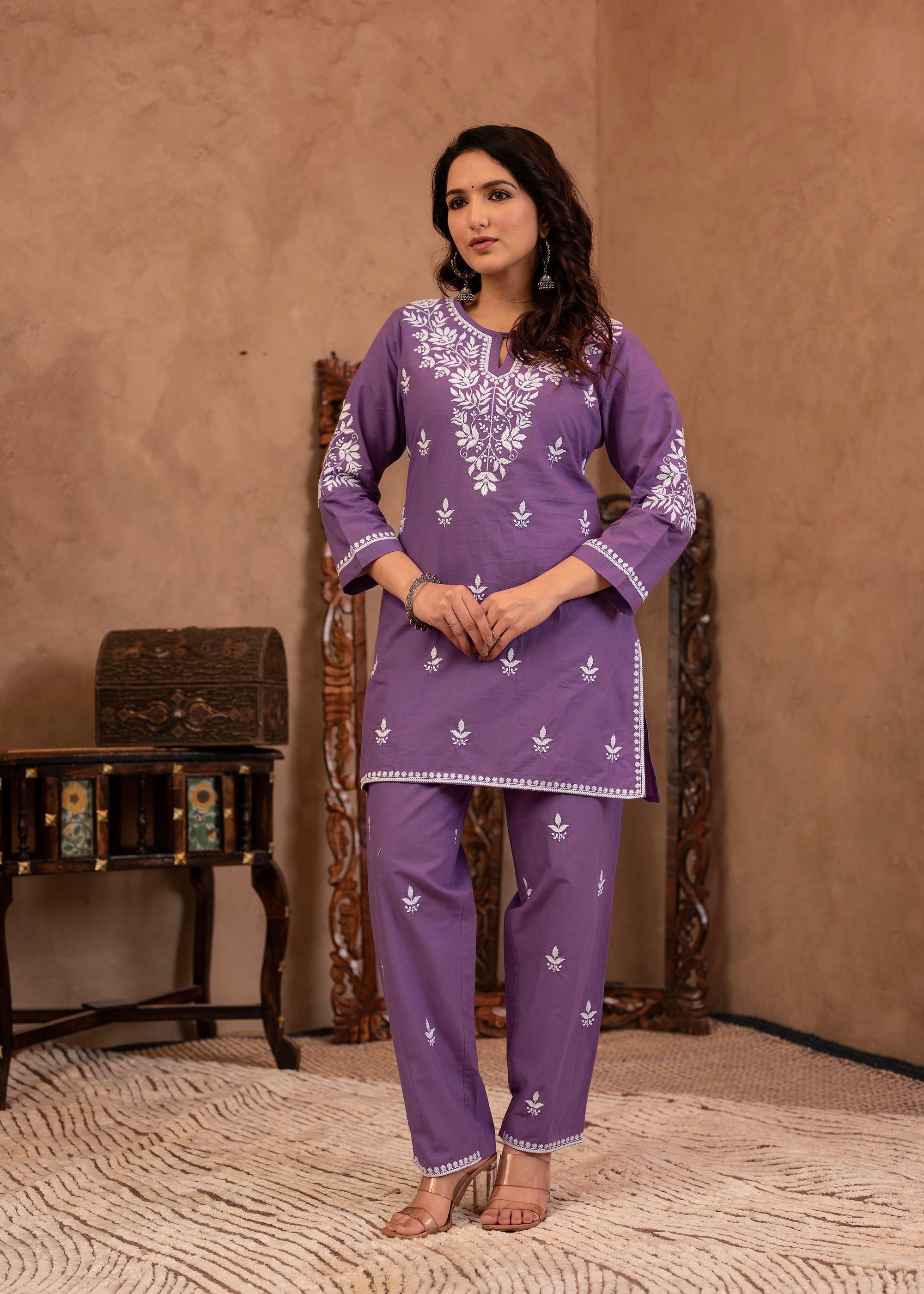 Purple Embroidered Cotton Kurta with Pant