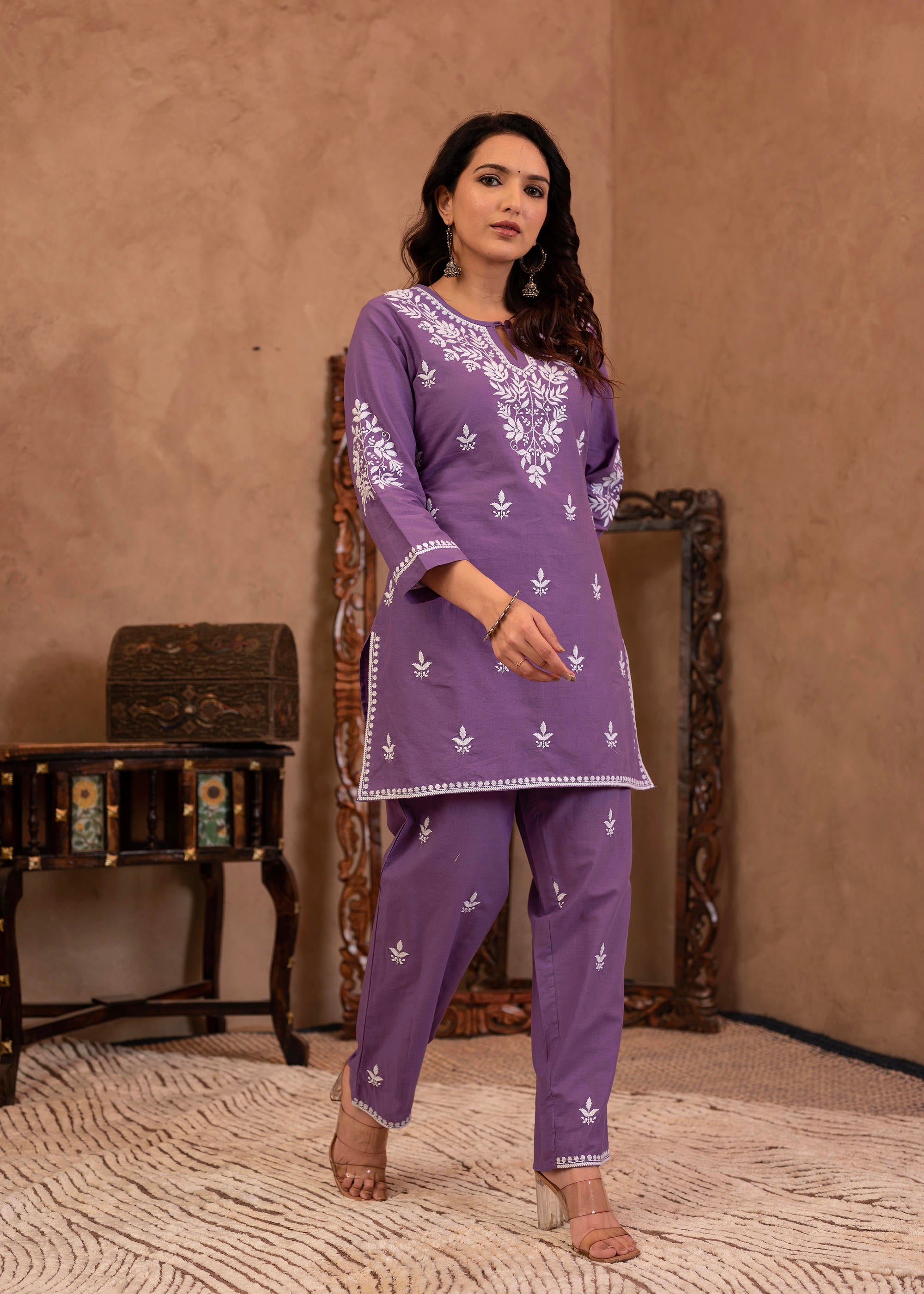 Purple Embroidered Cotton Kurta with Pant