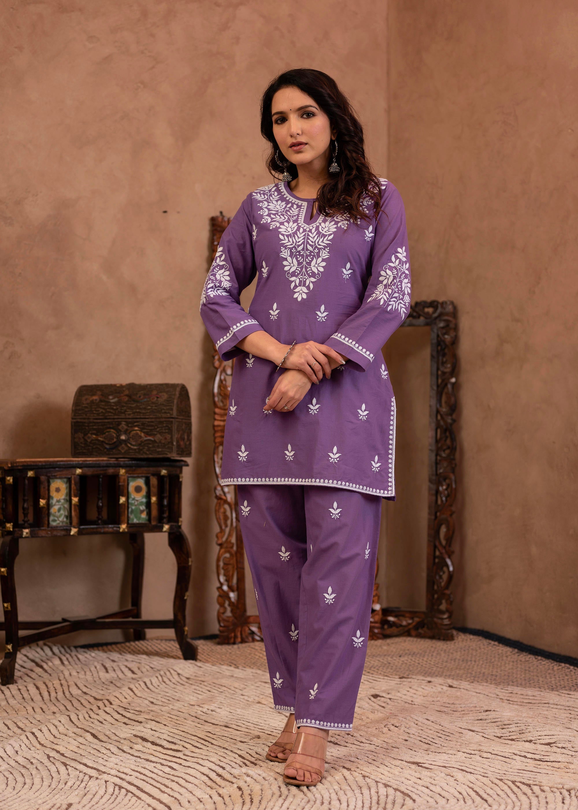 Purple Embroidered Cotton Kurta with Pant