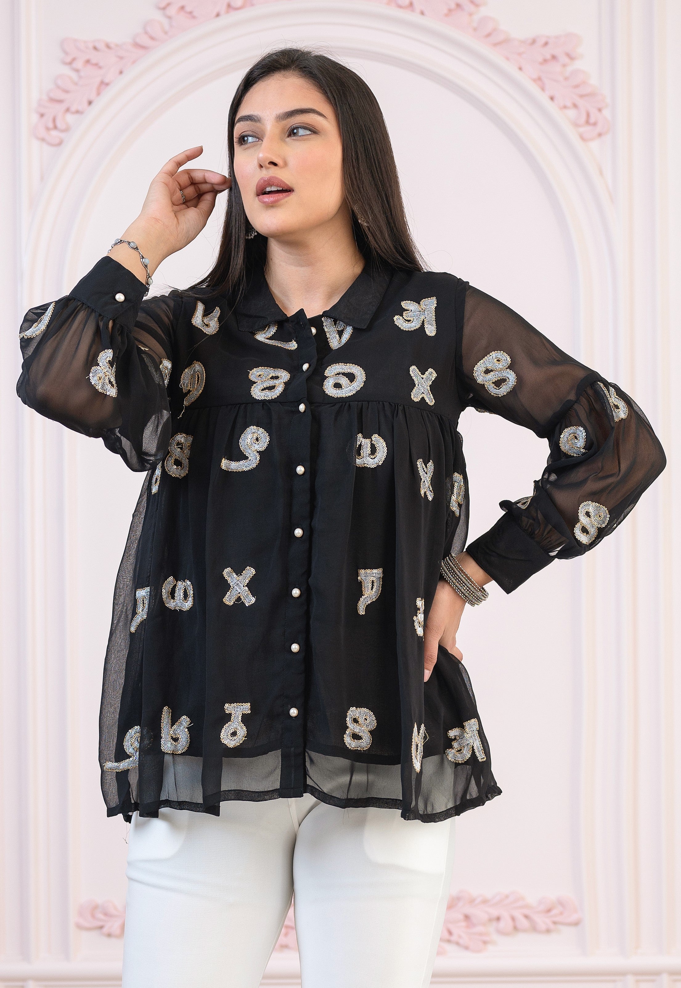 Black embroiderd and sequince tunic with buttons