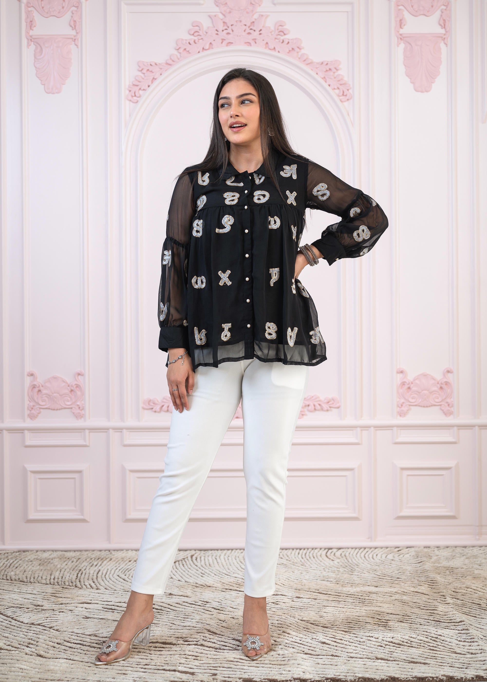 Black embroiderd and sequince tunic with buttons