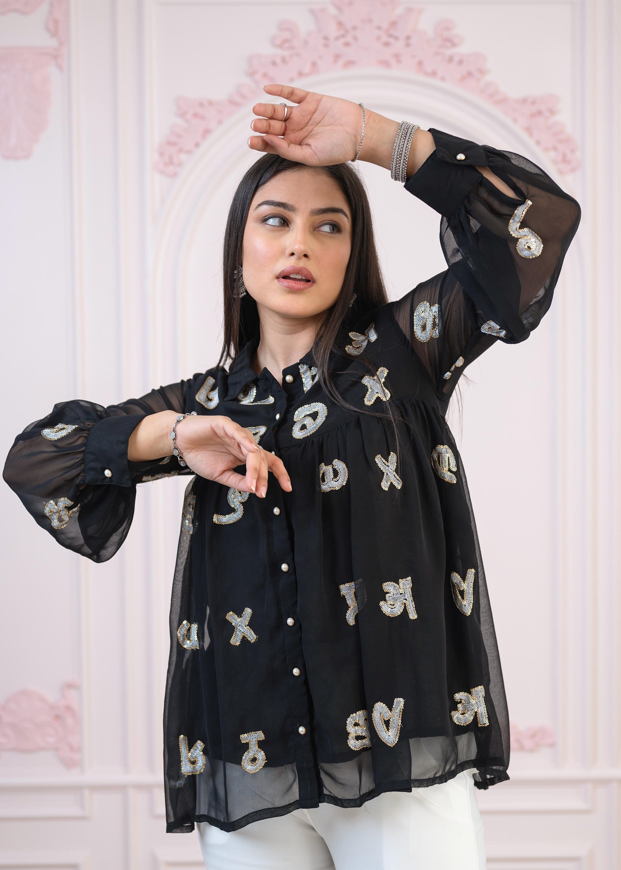 Black embroiderd and sequince tunic with buttons