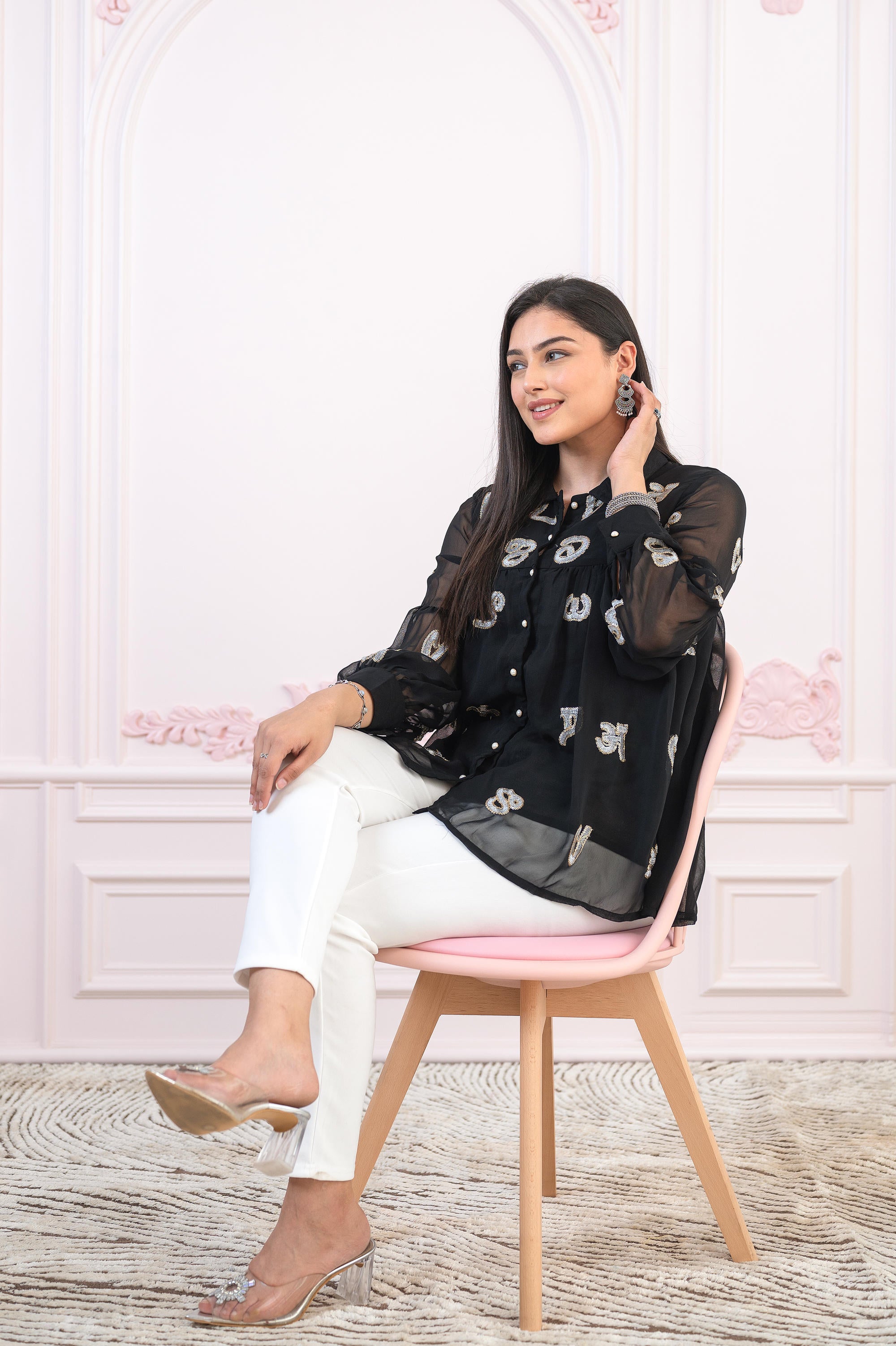 Black embroiderd and sequince tunic with buttons