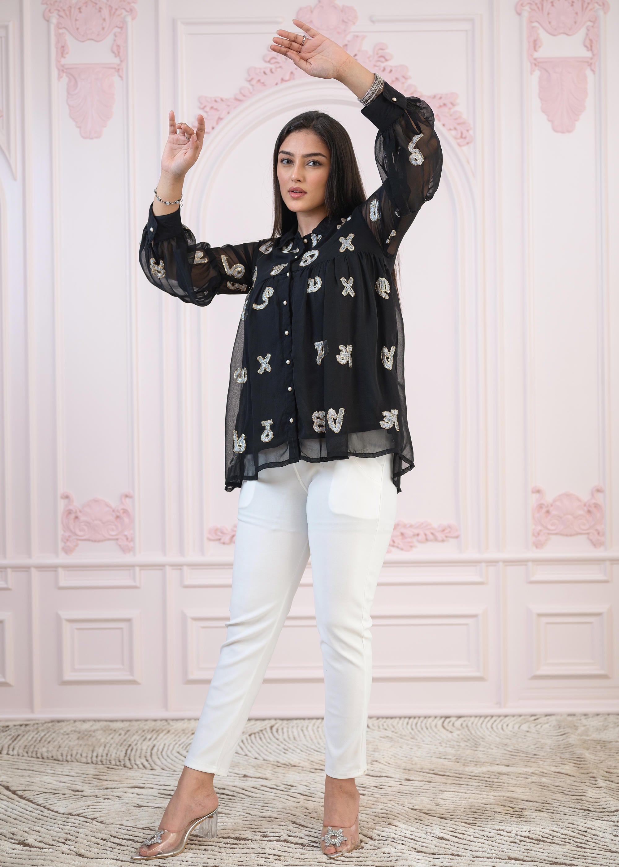 Black embroiderd and sequince tunic with buttons