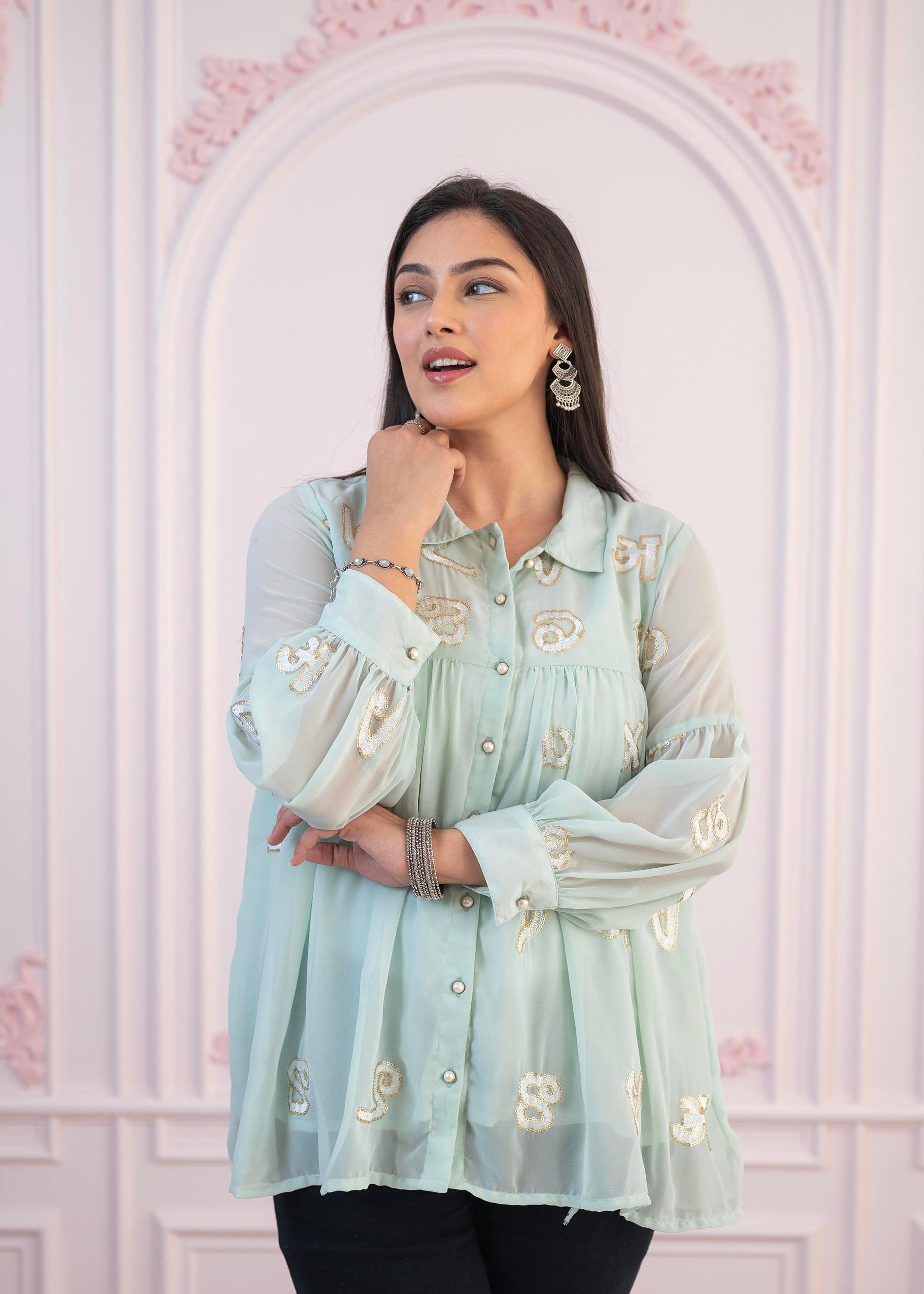 Mint Embroidered Cotton Kurta with button