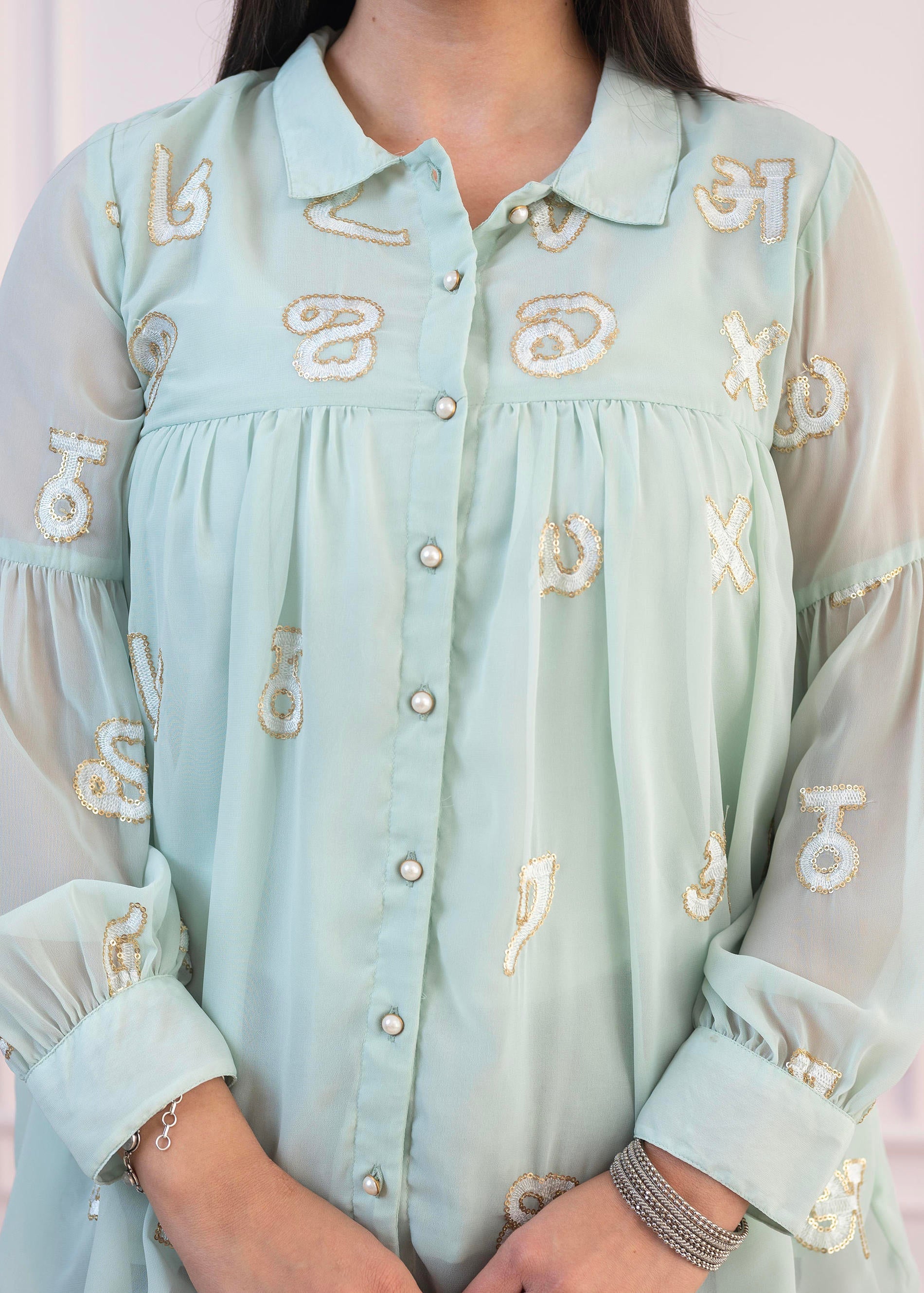 Mint Embroidered Cotton Kurta with button
