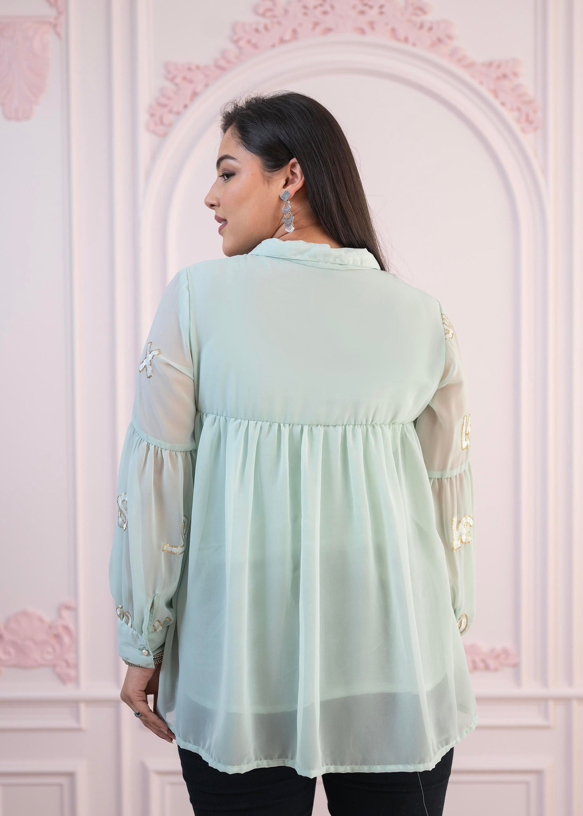 Mint Embroidered Cotton Kurta with button