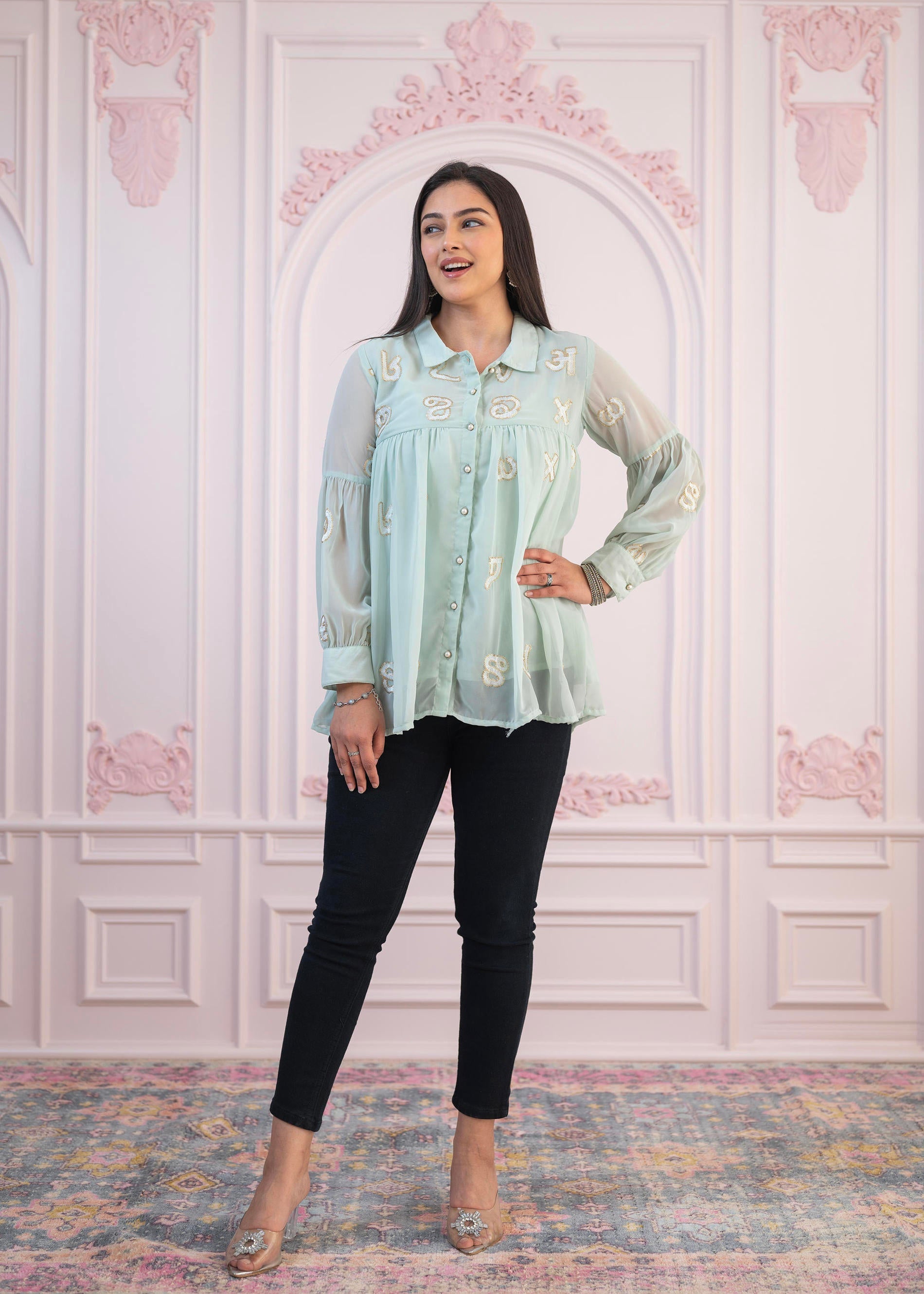 Mint Embroidered Cotton Kurta with button